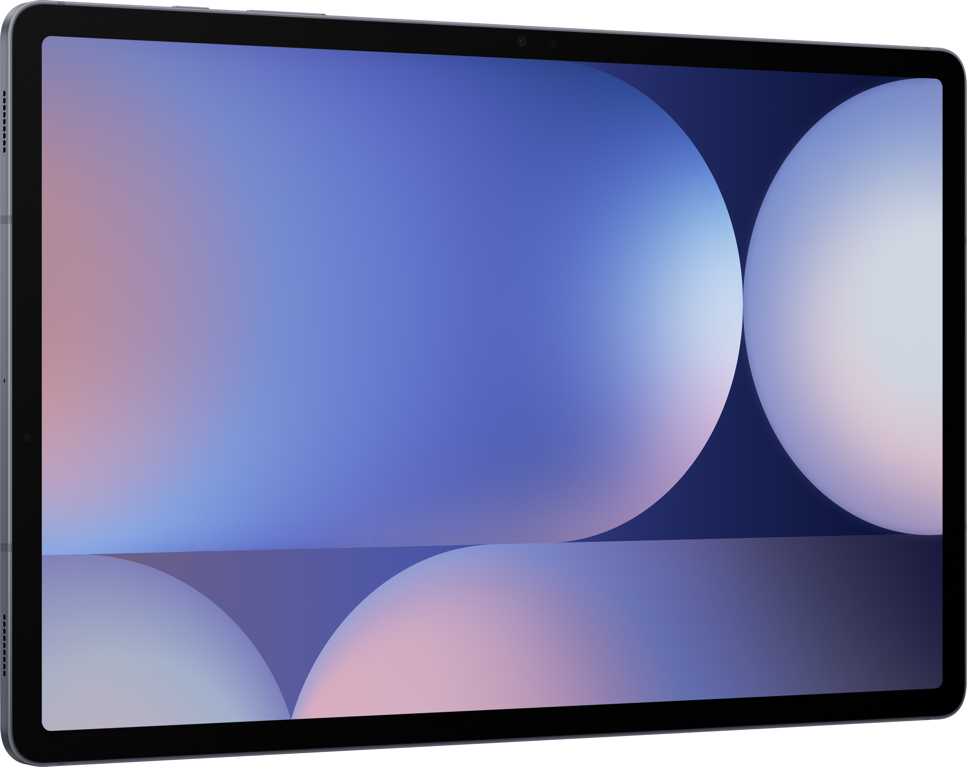 Ein Tablet mit einem Bildschirm, der ein blaues und weißes abstraktes Design zeigt, aus einem Winkel betrachtet.