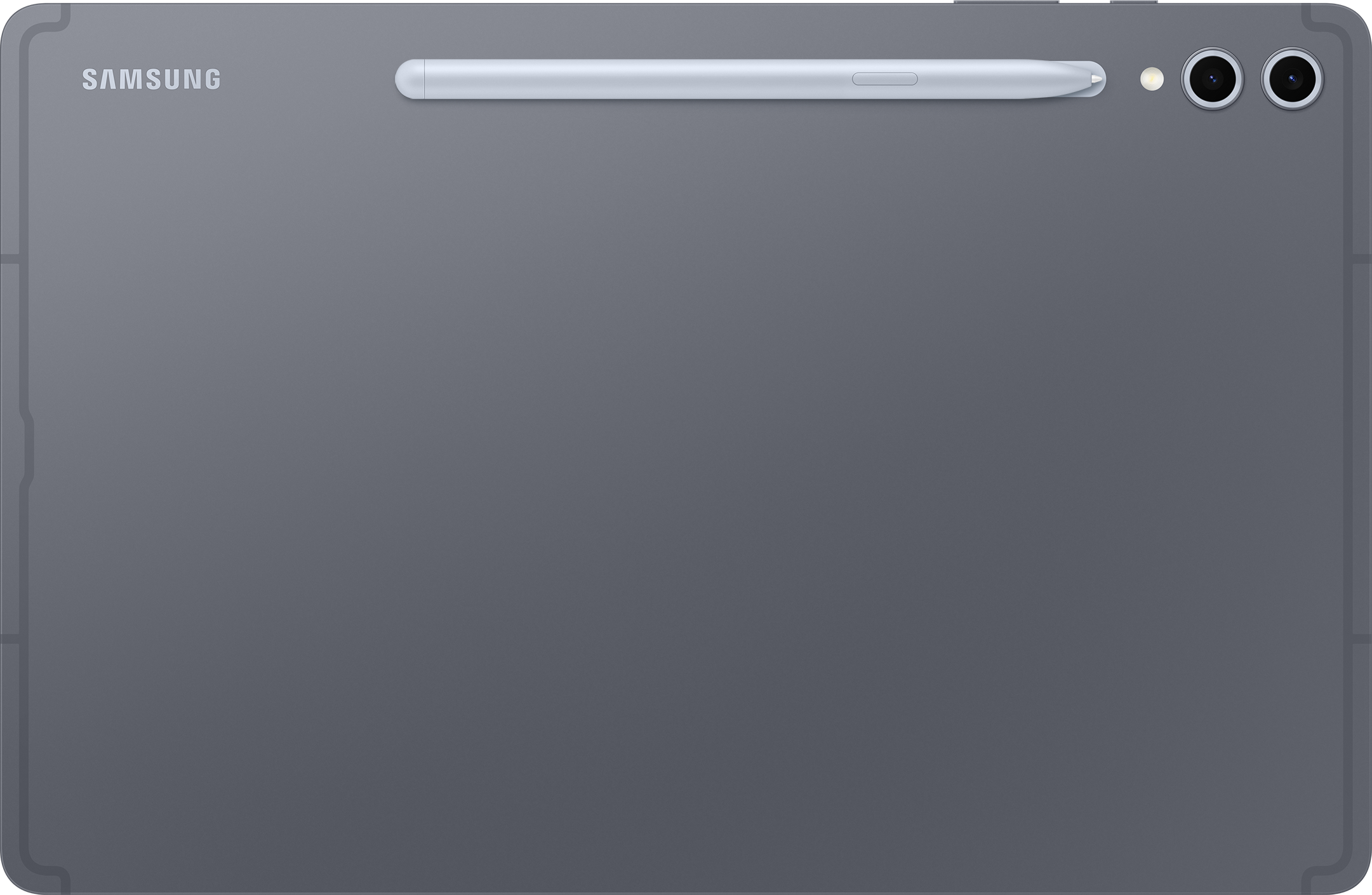 Tablet-Rückseite, grau, Samsung-Logo, Kamera und Stifthalter, weißer Balken, grauer Hintergrund.