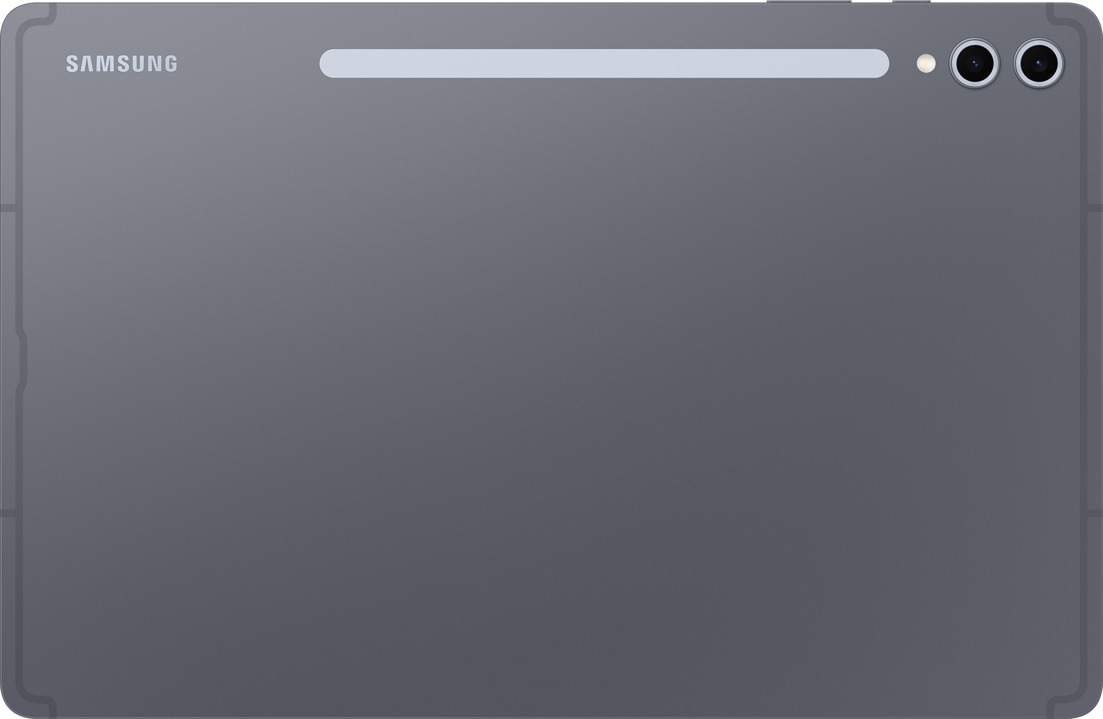 Vue latérale d'un téléphone gris avec un port et des évents argentés, fond noir.
