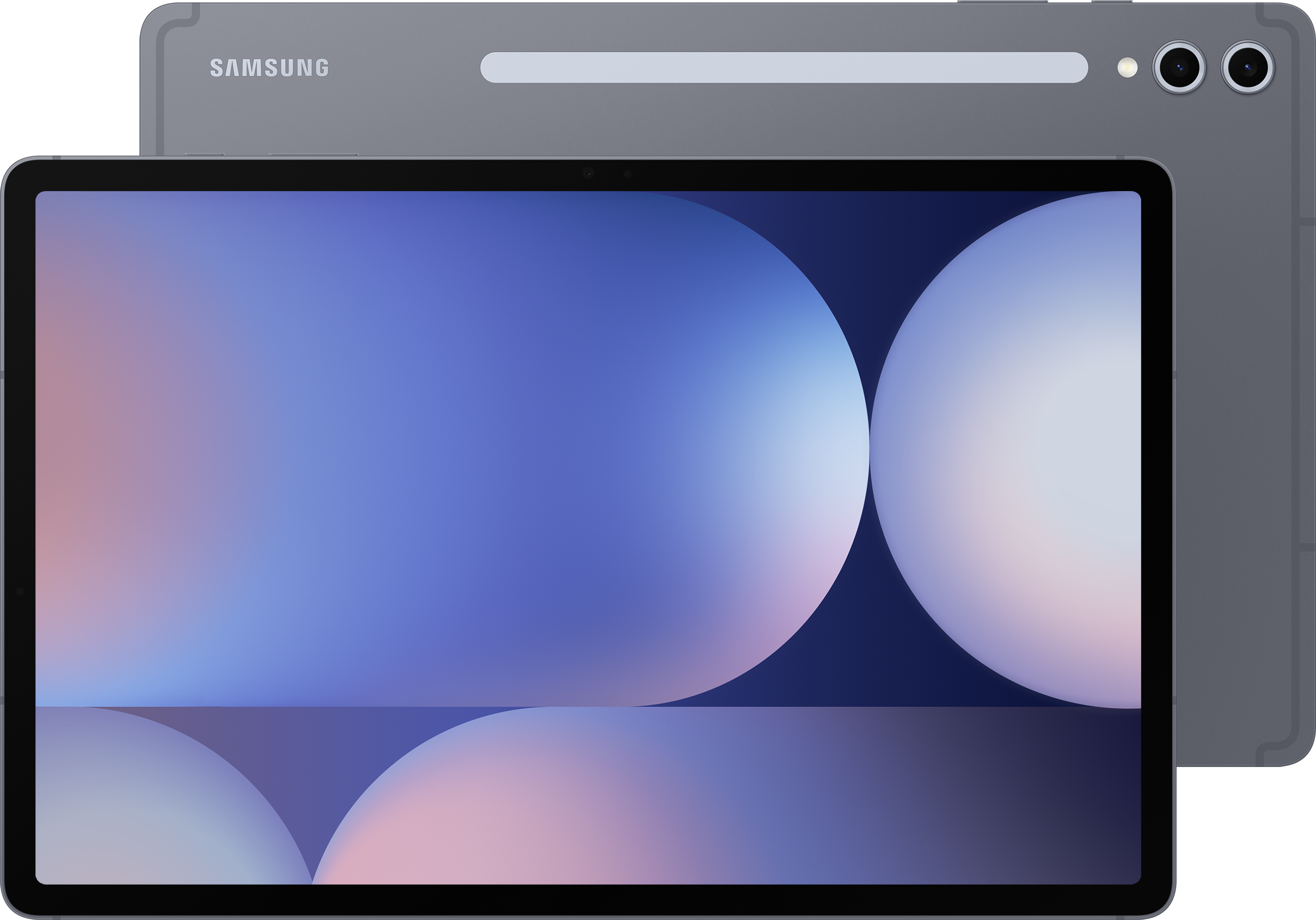Zwei Tablets, graue Rückseite, Bildschirm mit Kreisen, Samsung-Logo.