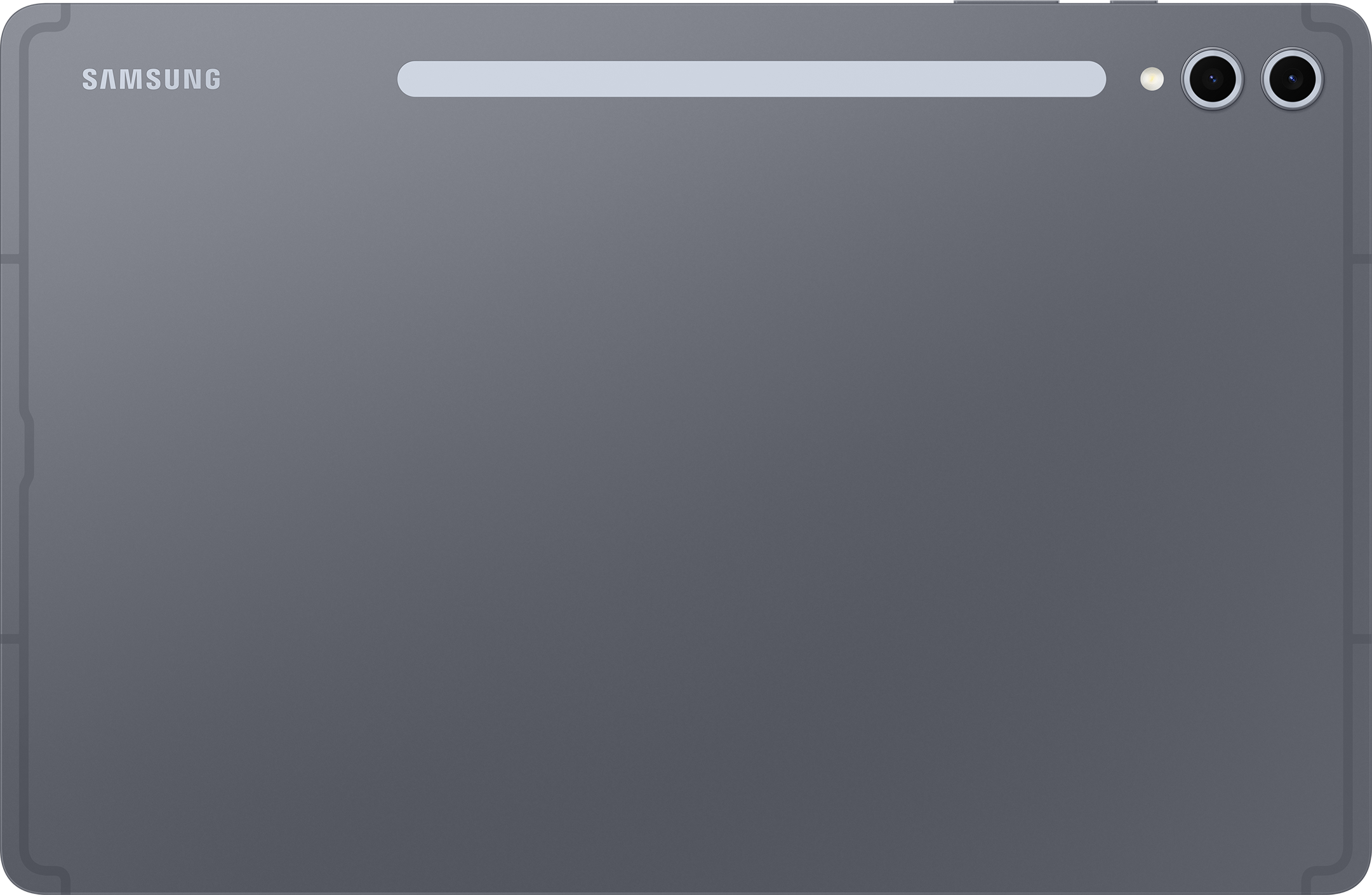 Rückseite eines dunkelgrauen Tablets. Verfügt über zwei Kameras und einen langen weißen Balken. Das Samsung-Logo befindet sich oben.