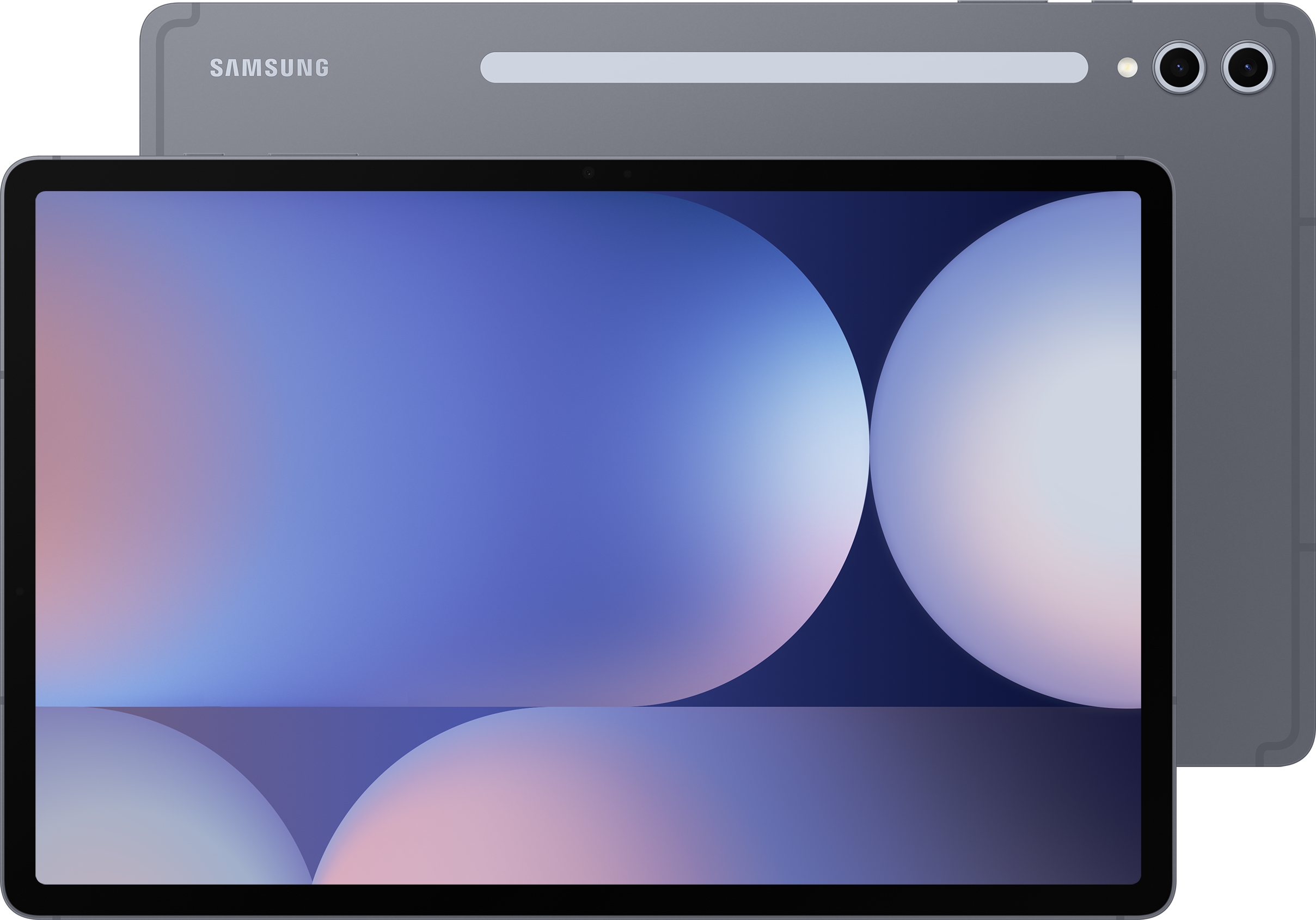 Tablet con immagine di sfondo blu e bianca.