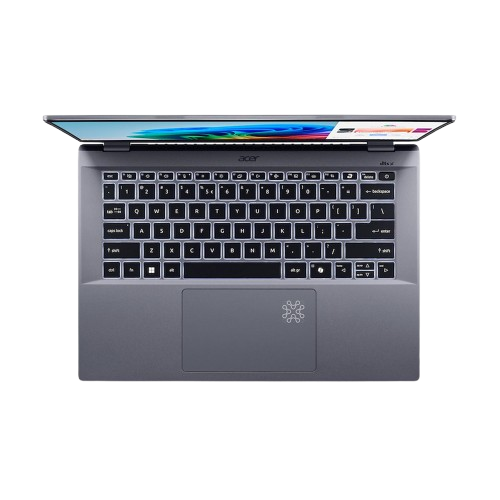 Vista cenital de un portátil gris con teclado iluminado. La pantalla está abierta.