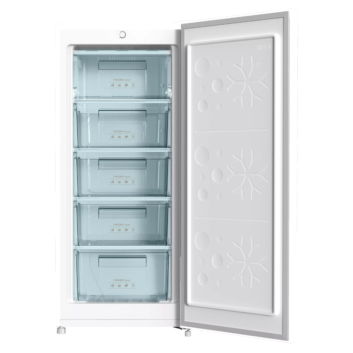 Refrigerador blanco con puerta abierta mostrando cajones. Interior con patrones de copos de nieve.