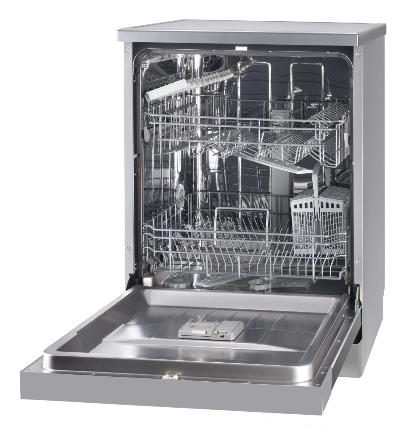 Lavavajillas con puerta abierta, lleno de platos, vasos y cubiertos.