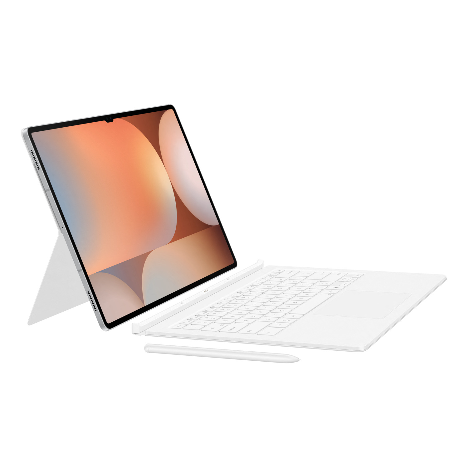 White tablet with keyboard and stylus on a white surface. The tablet screen displays an image.