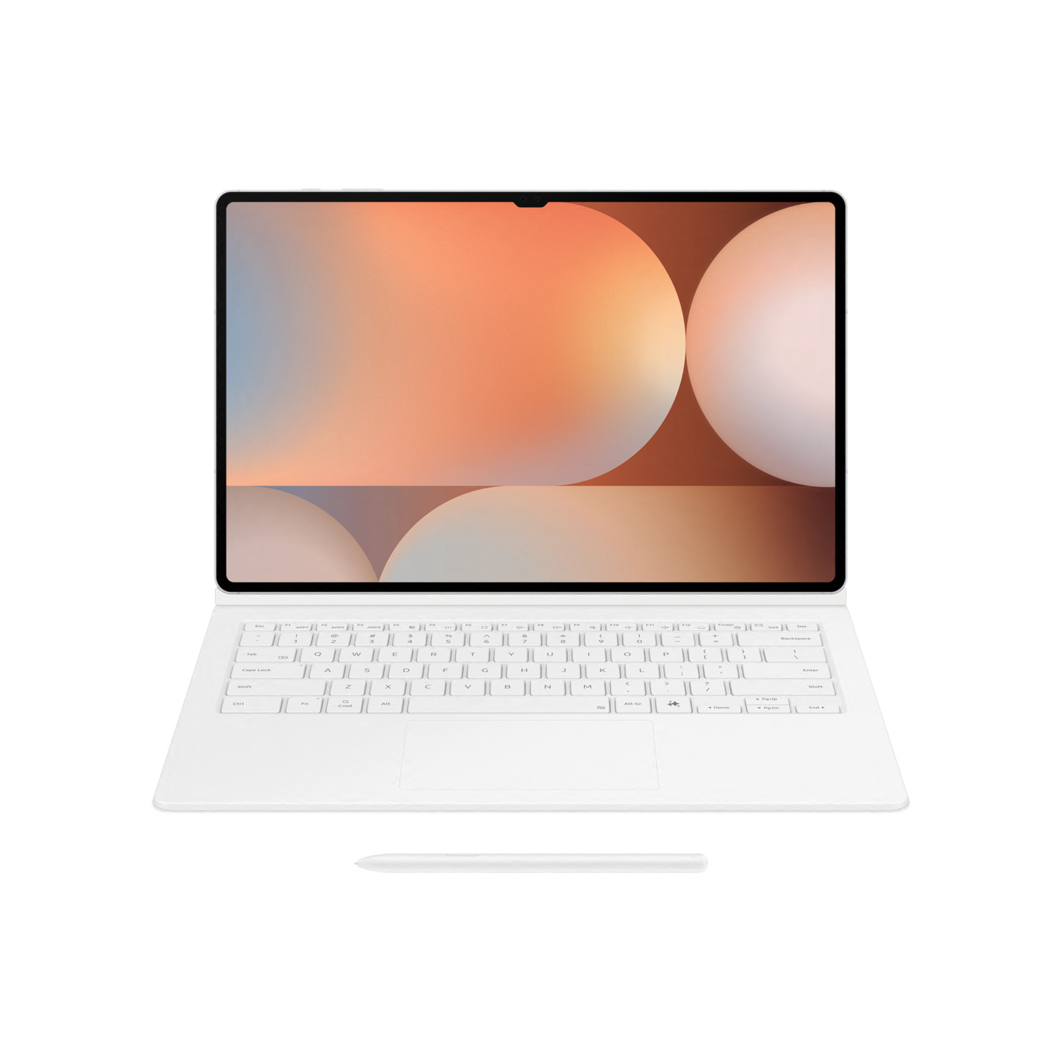 White laptop and stylus on white background. Screen displays a colorful, abstract image.