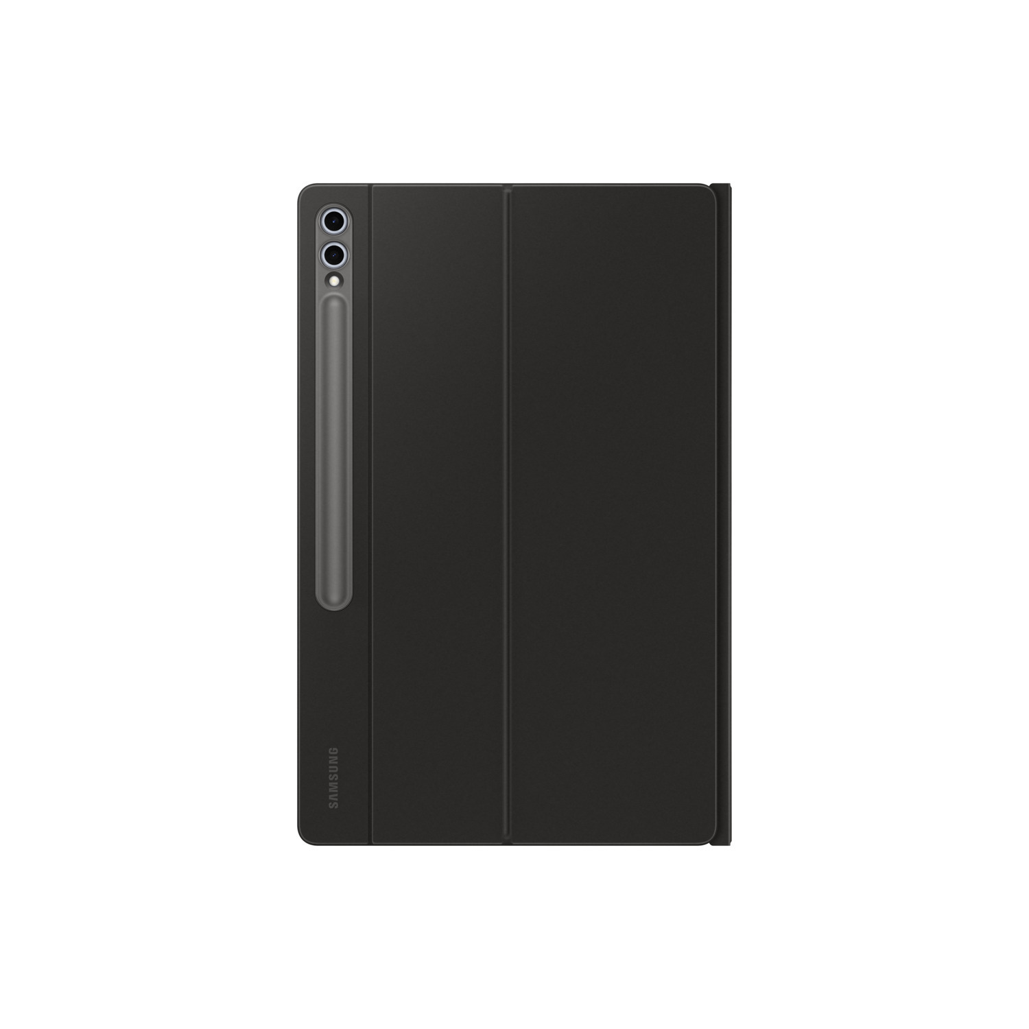 Black tablet case with pen holder and stylus. Samsung logo.