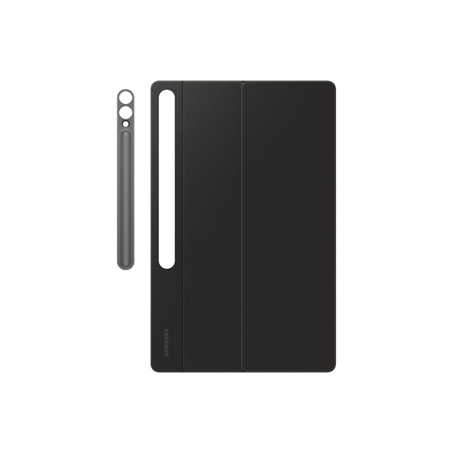 Black tablet case with an attached stylus pen, on a white background.