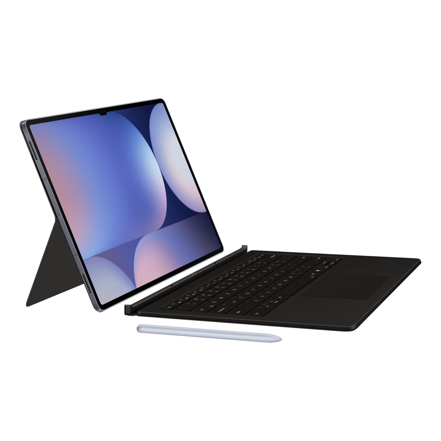 A tablet with a keyboard and stylus. The screen shows a blue and pink image. The keyboard is black.