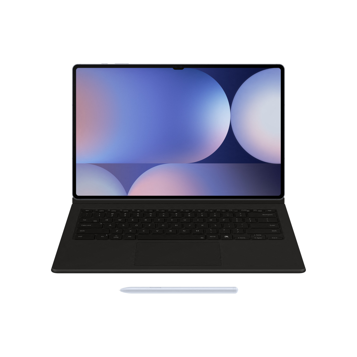 A tablet with a screen showing abstract designs, lying on a white background.