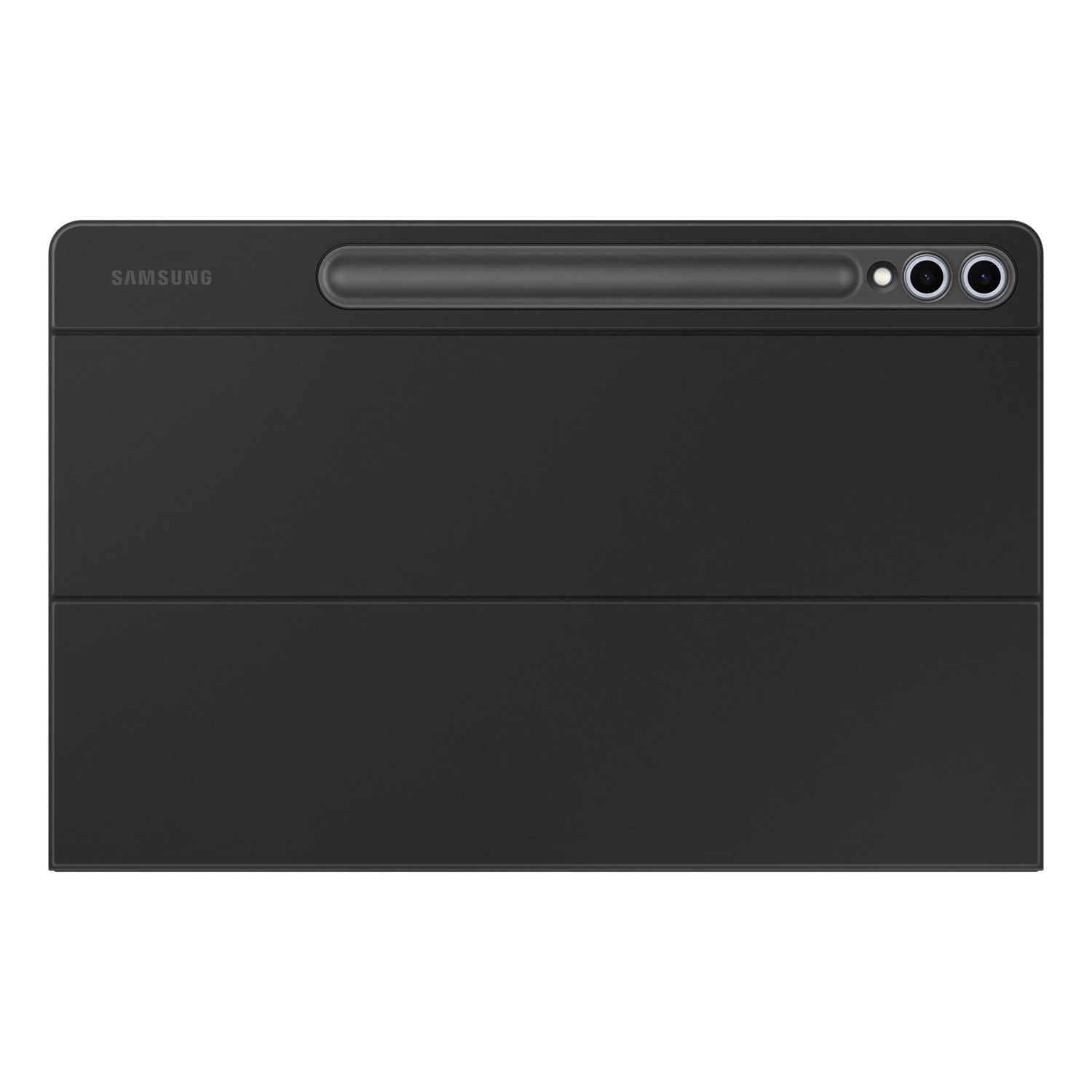 Black tablet cover with a Samsung logo and a pen slot. The cover is folded into a stand position.