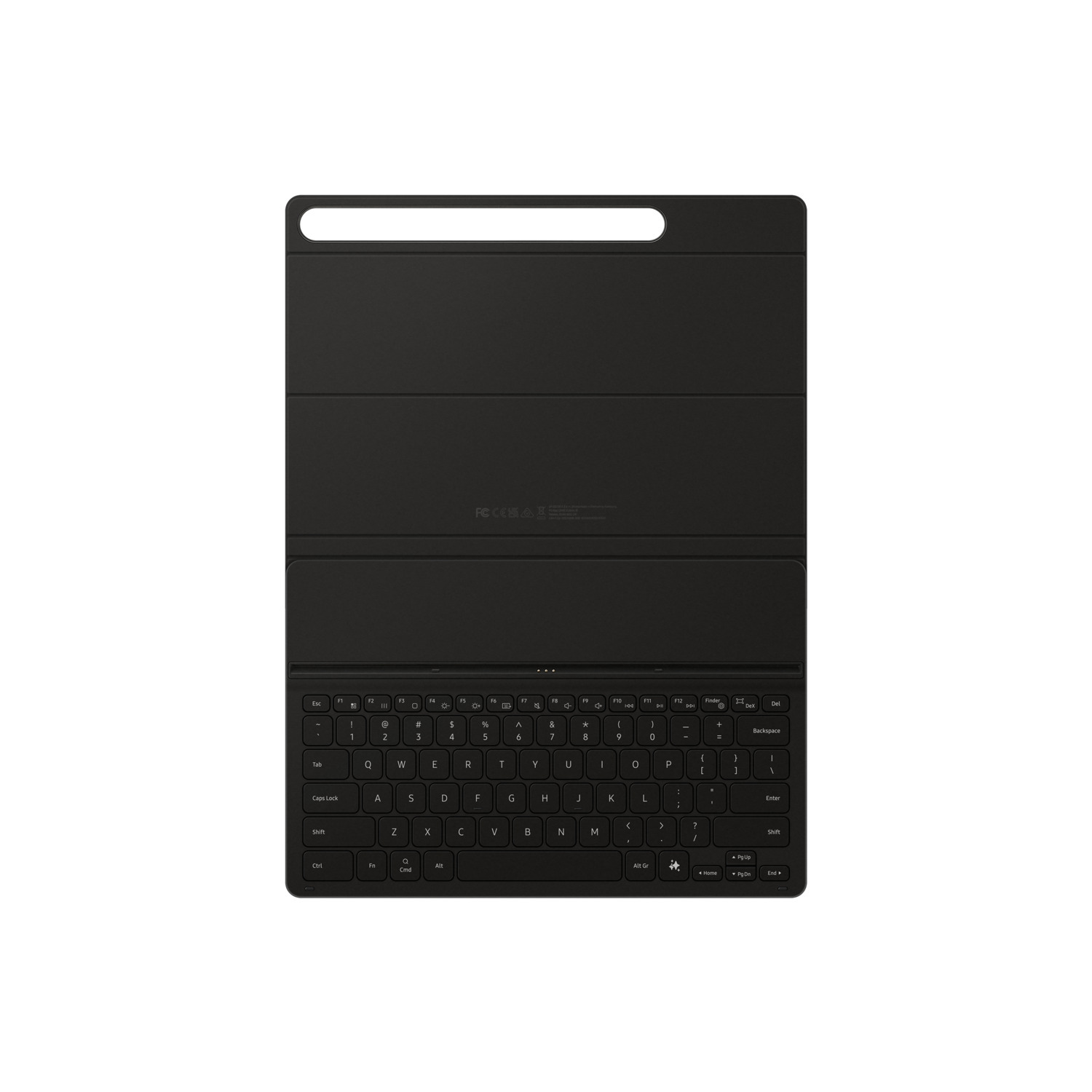Black tablet keyboard with keys and a top bar. White background.
