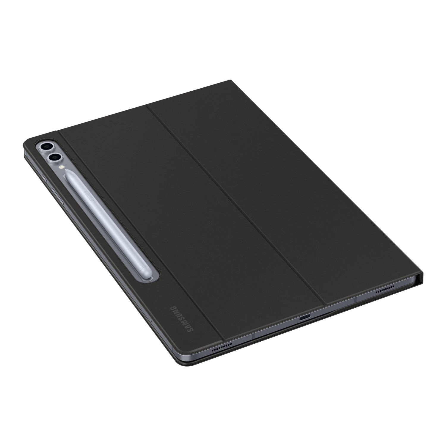 Black tablet with stylus, black cover, angled view, on white background.