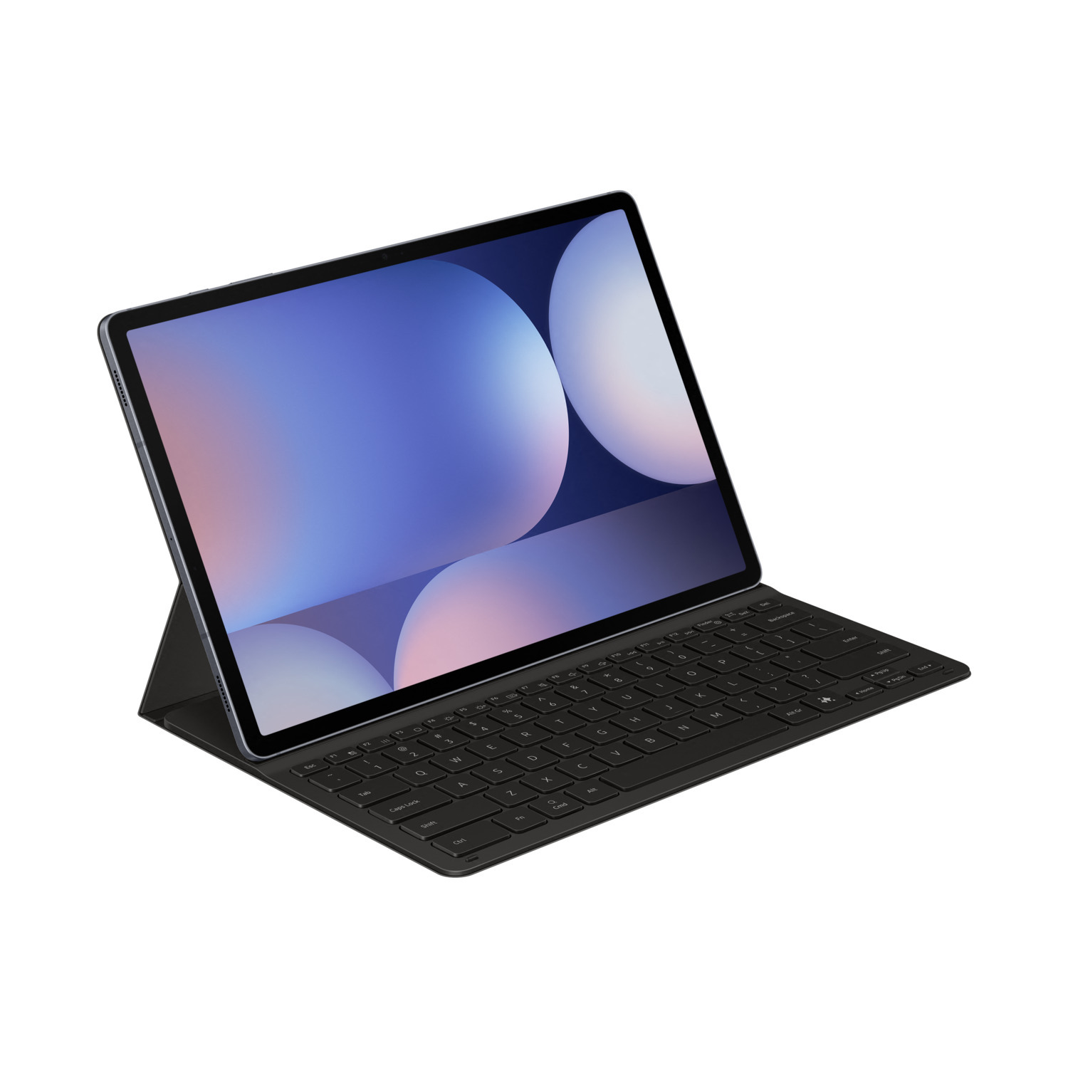 Black tablet on keyboard case, displaying a colorful abstract wallpaper.