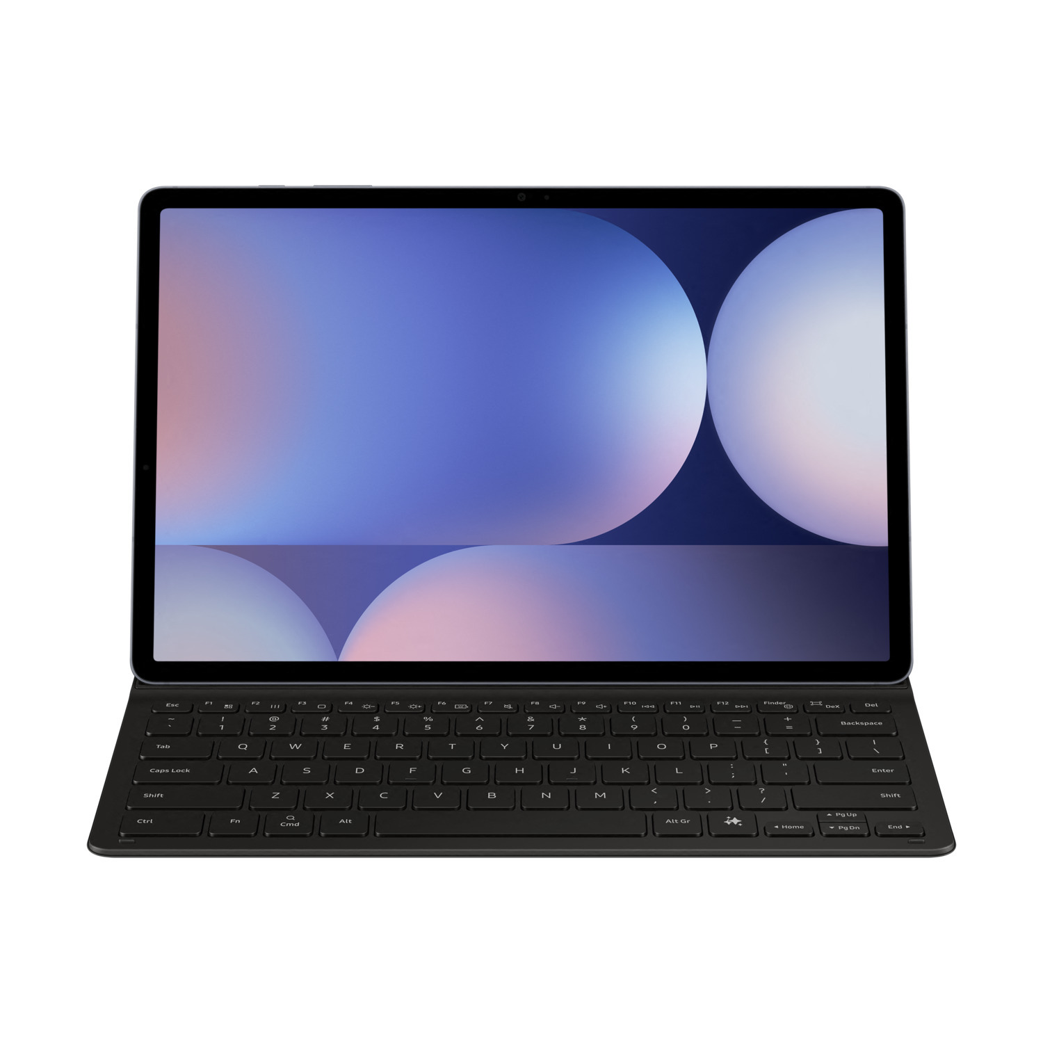Tablet on a keyboard with a blue and white background.