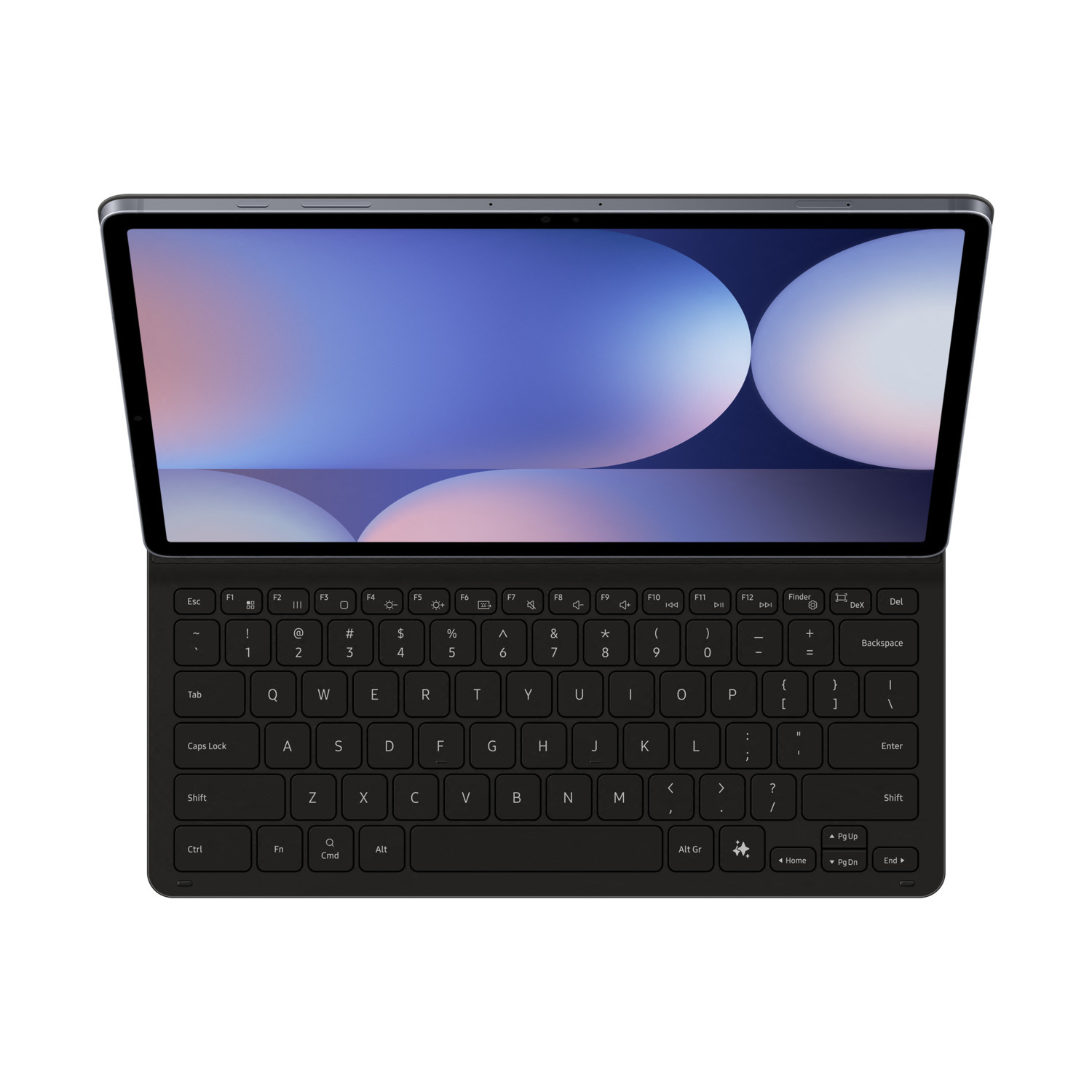 A tablet with a keyboard, showing a screen with a blurred image.