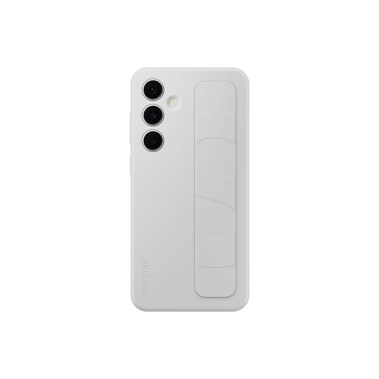 Coque de téléphone blanche avec une découpe pour la caméra et un design en forme de sangle à l'arrière.