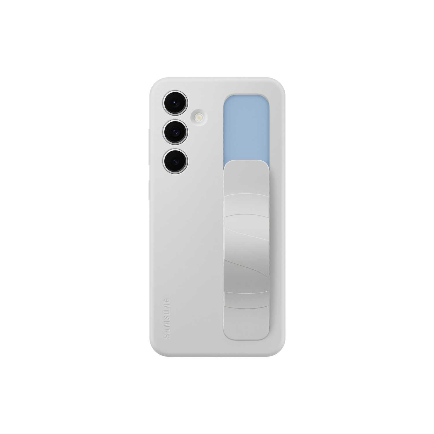 Coque de téléphone blanche avec trois caméras et un accent bleu.
