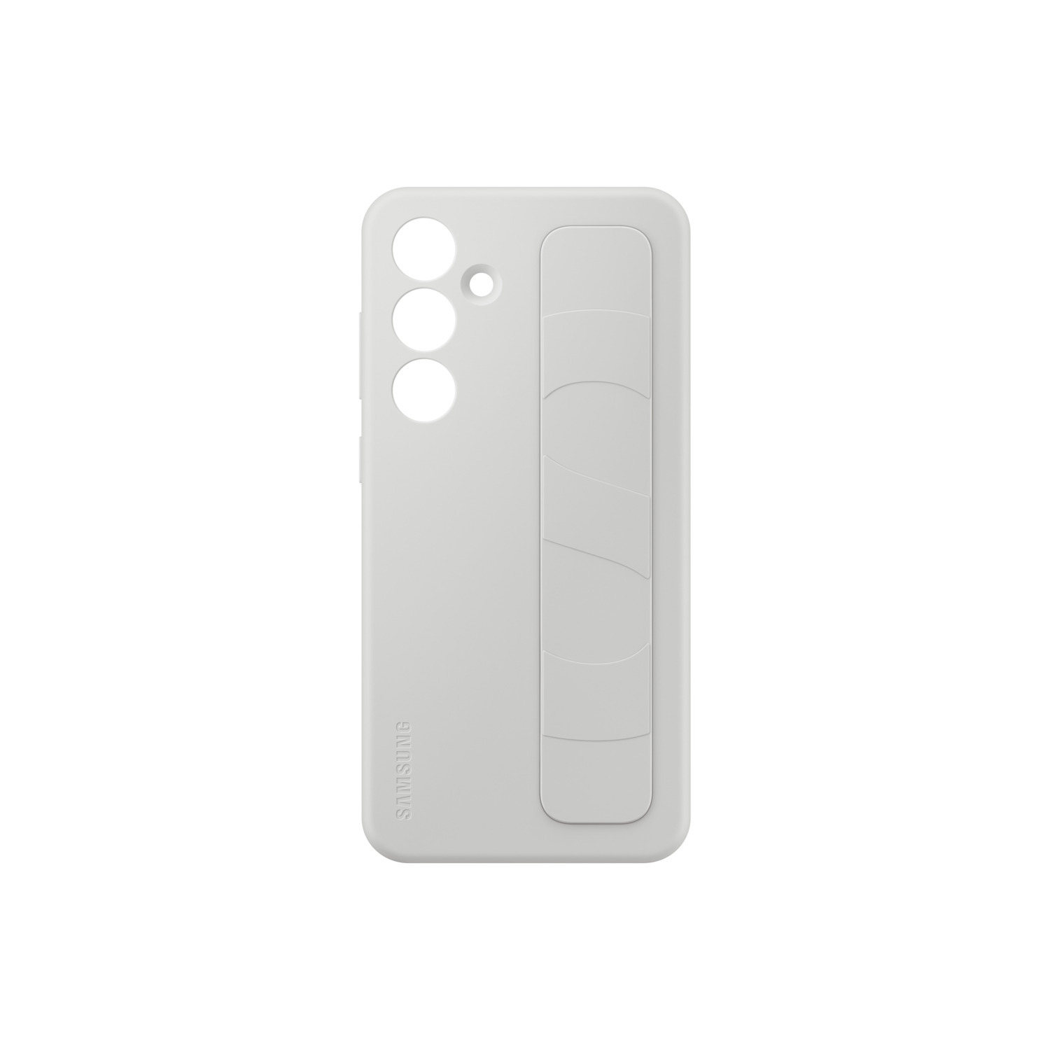 Coque de téléphone gris clair avec trois découpes de caméra et un support.