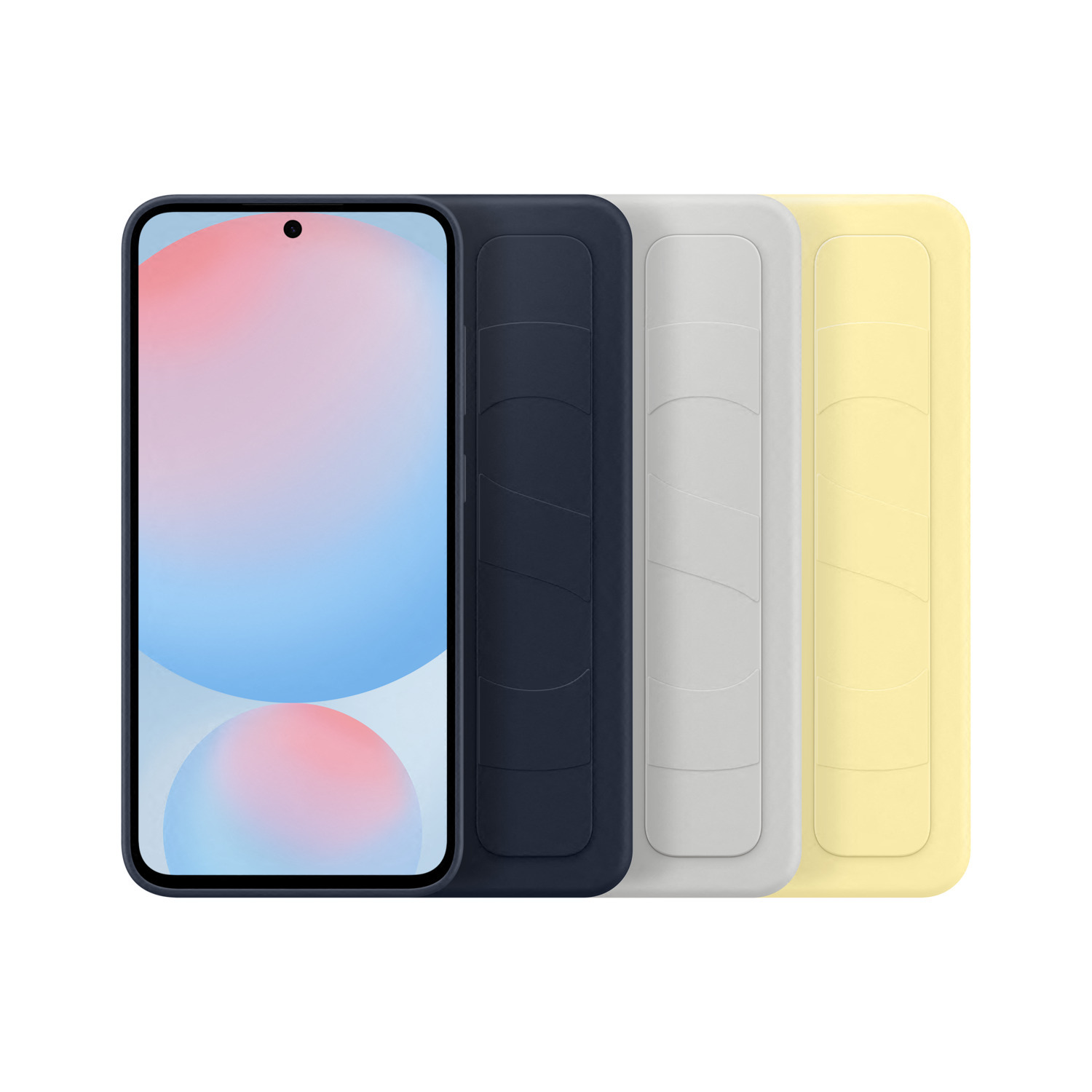 Trois étuis de téléphone, bleu, gris, jaune, sur blanc.