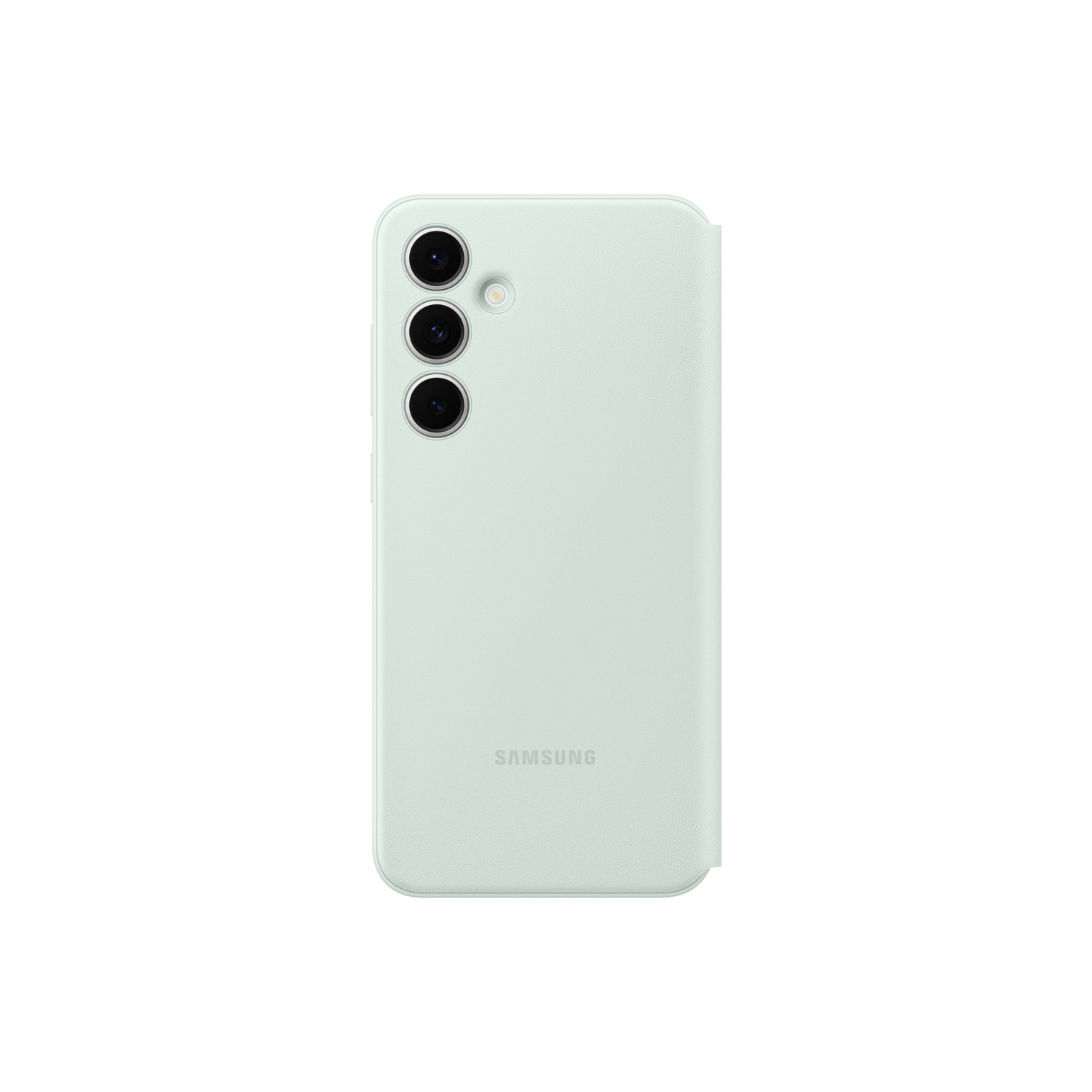 Groene telefoonhoes met een telefoon erin, de achterkant tonend, met drie cameralenzen.