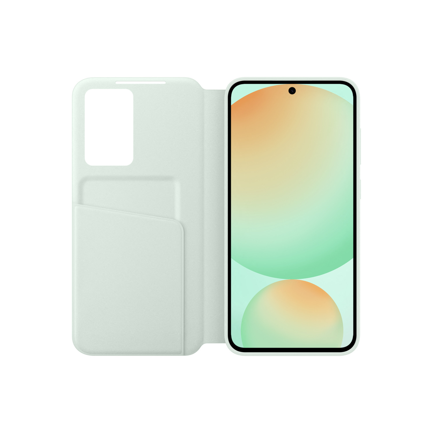 Open telefoonhoesje met telefoon erin. De hoes is mintgroen, de telefoon is zichtbaar.