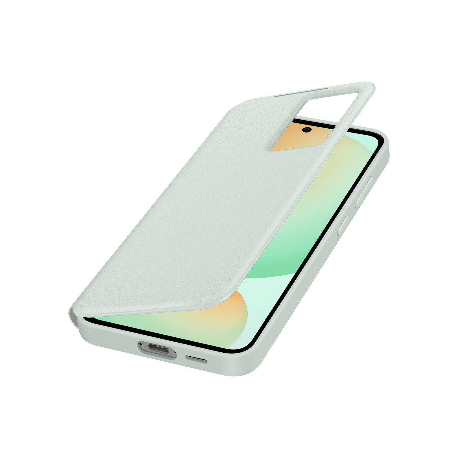 Een mintgroene telefoonhoes, gedeeltelijk open, waardoor het scherm van de telefoon zichtbaar is.