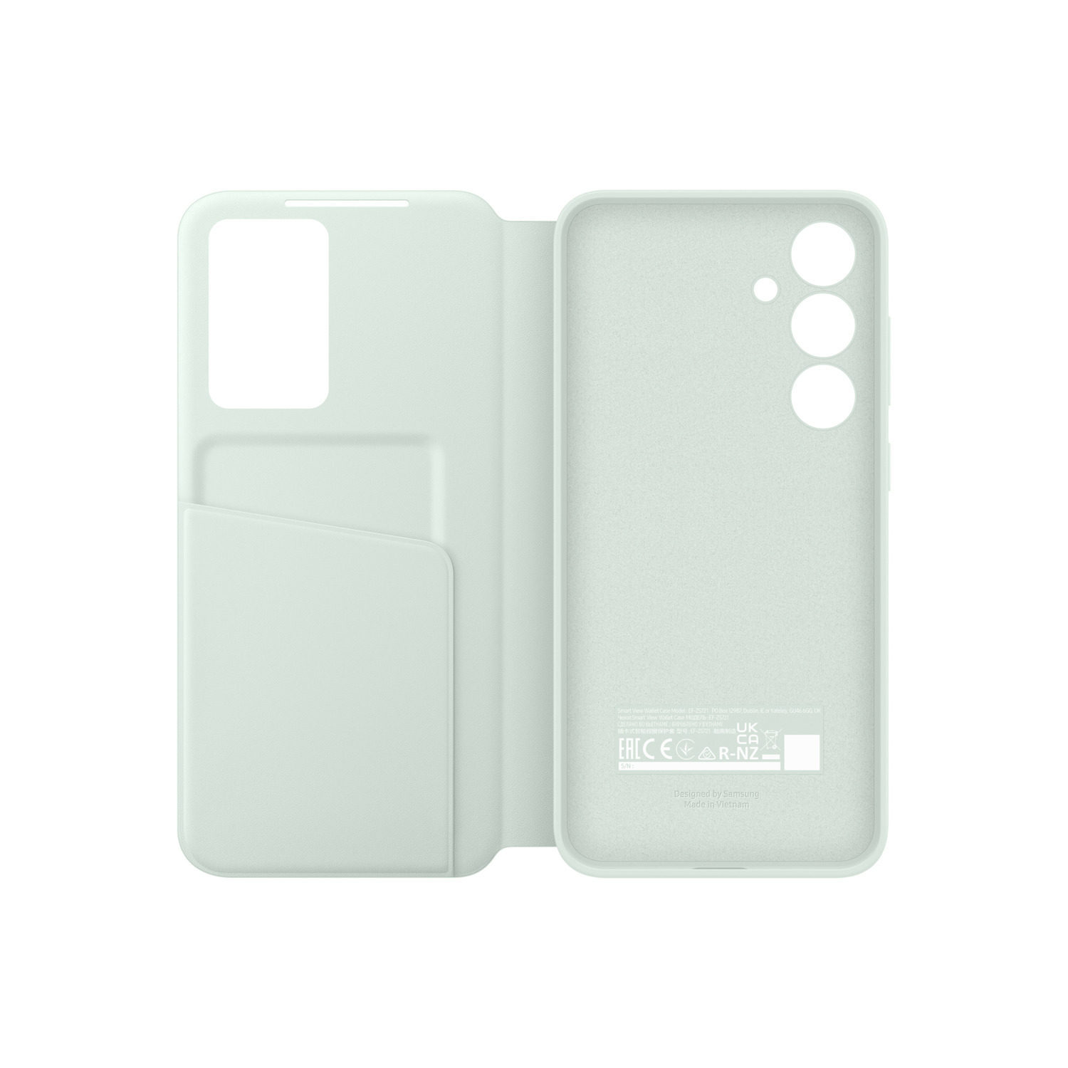 Een lichtgroene Samsung telefoonhoes, open om de binnenkant met branding te laten zien.