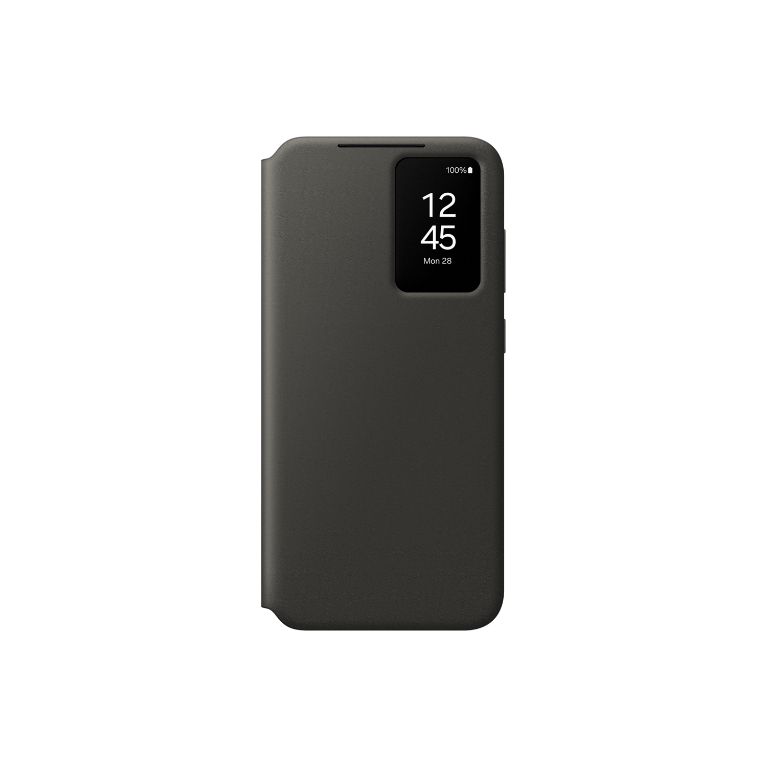 Coque de téléphone gris foncé avec écran affichant l'heure. Environnement sombre.