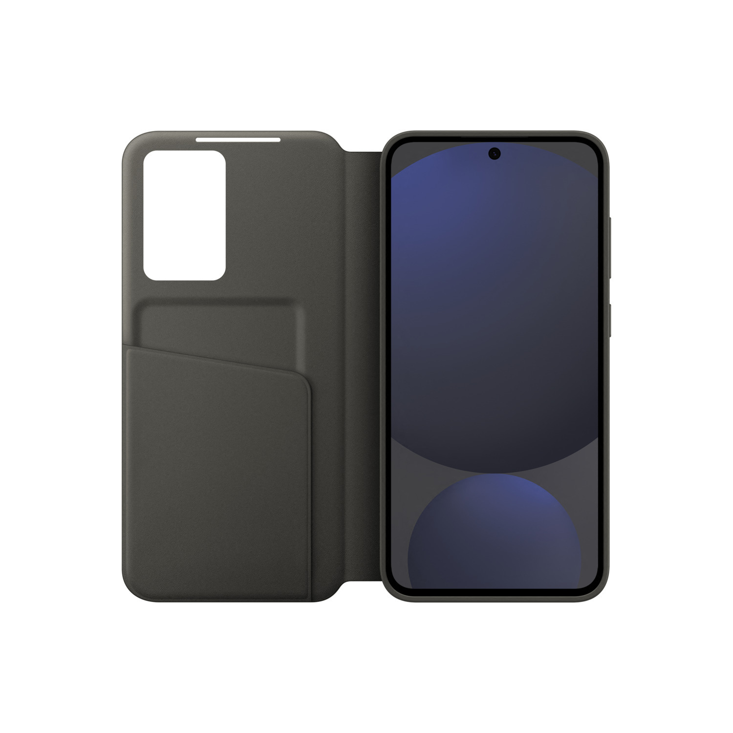 Un téléphone dans un étui gris, ouvert. L'écran affiche un dégradé bleu.