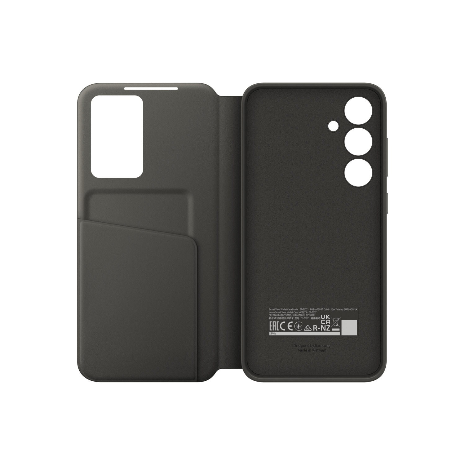 Une coque de téléphone, ouverte, montrant une fente pour carte. Gris foncé, intérieur gris clair.