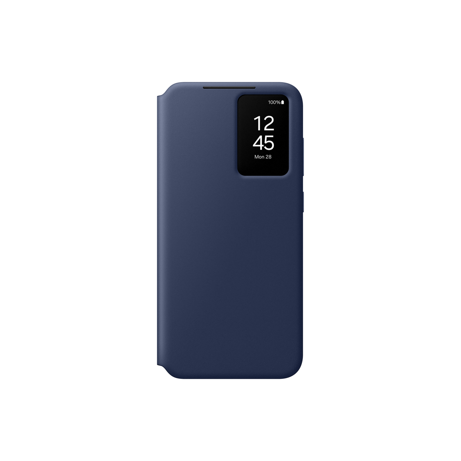 Un étui de téléphone bleu affichant l'heure et la date.