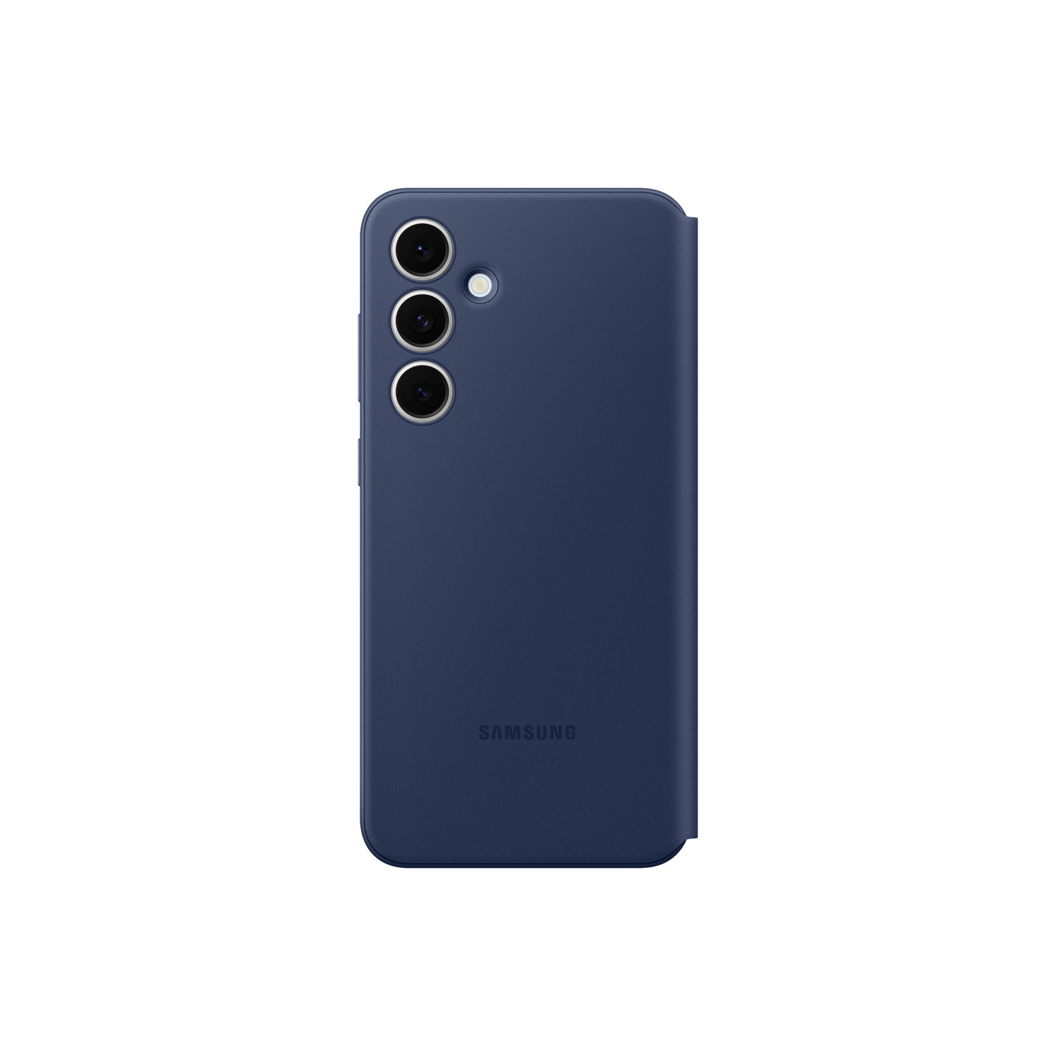Coque de téléphone bleue avec découpe caméra. Texture lisse et logo Samsung.