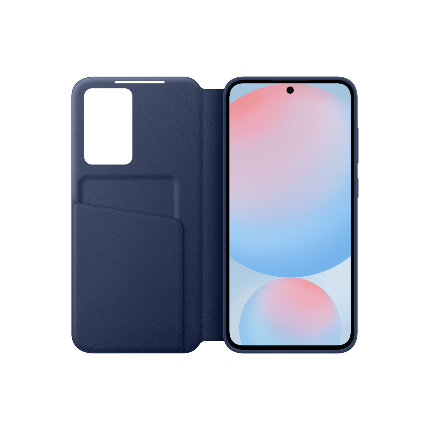 Étui de téléphone bleu ouvert avec un téléphone à l'intérieur. Le téléphone affiche un fond d'écran coloré.