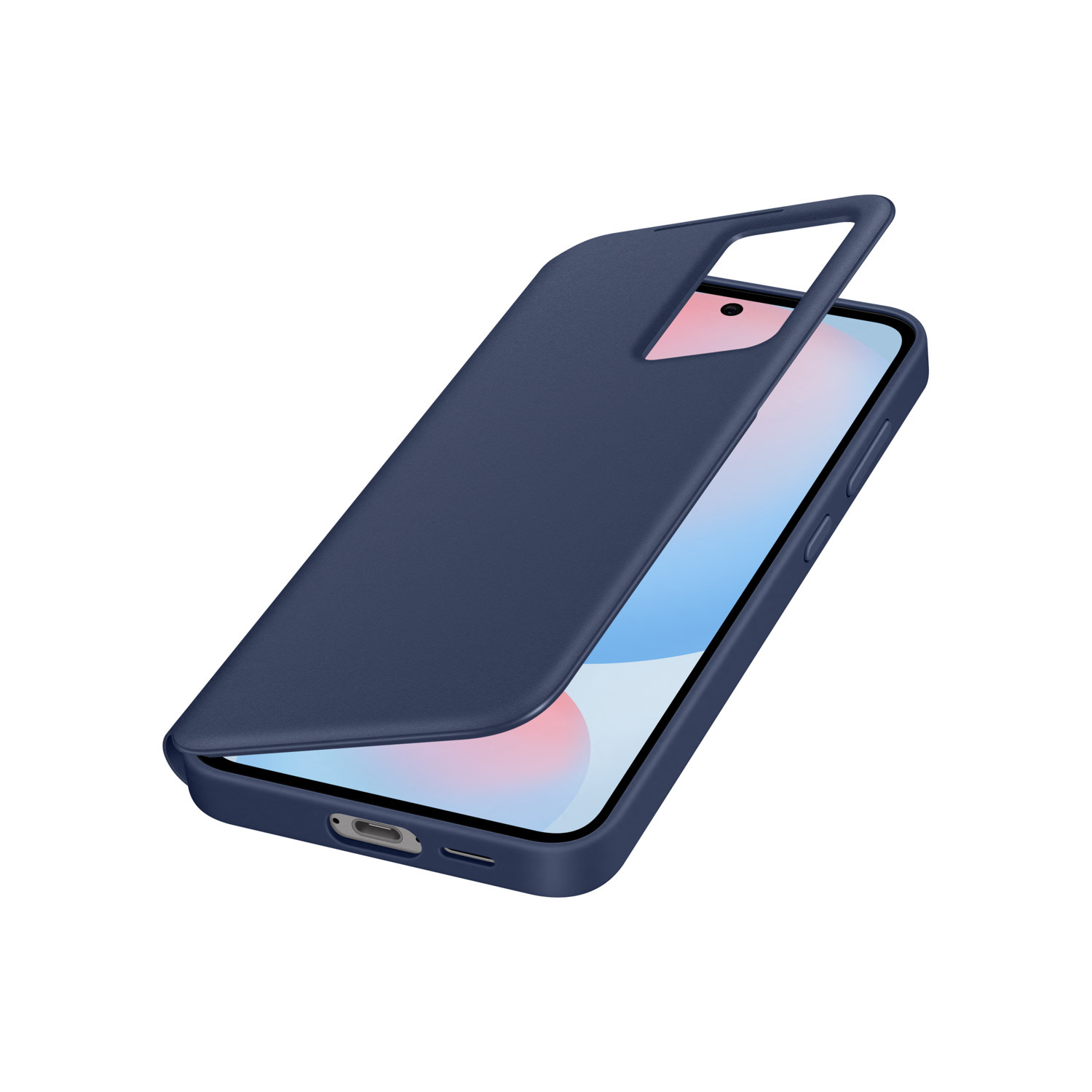 Coque de téléphone bleu marine, avec le téléphone à l'intérieur et partiellement ouvert.