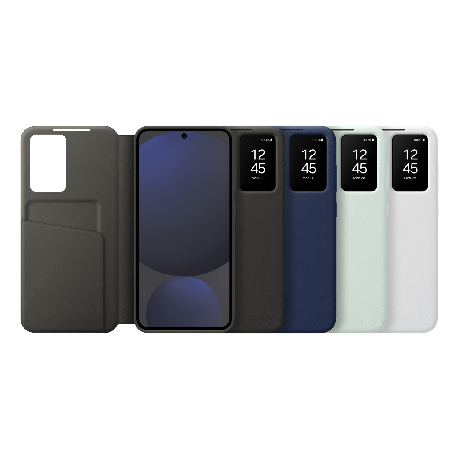 Cinq étuis de téléphone d'affilée, de couleurs différentes, avec le téléphone à l'intérieur.