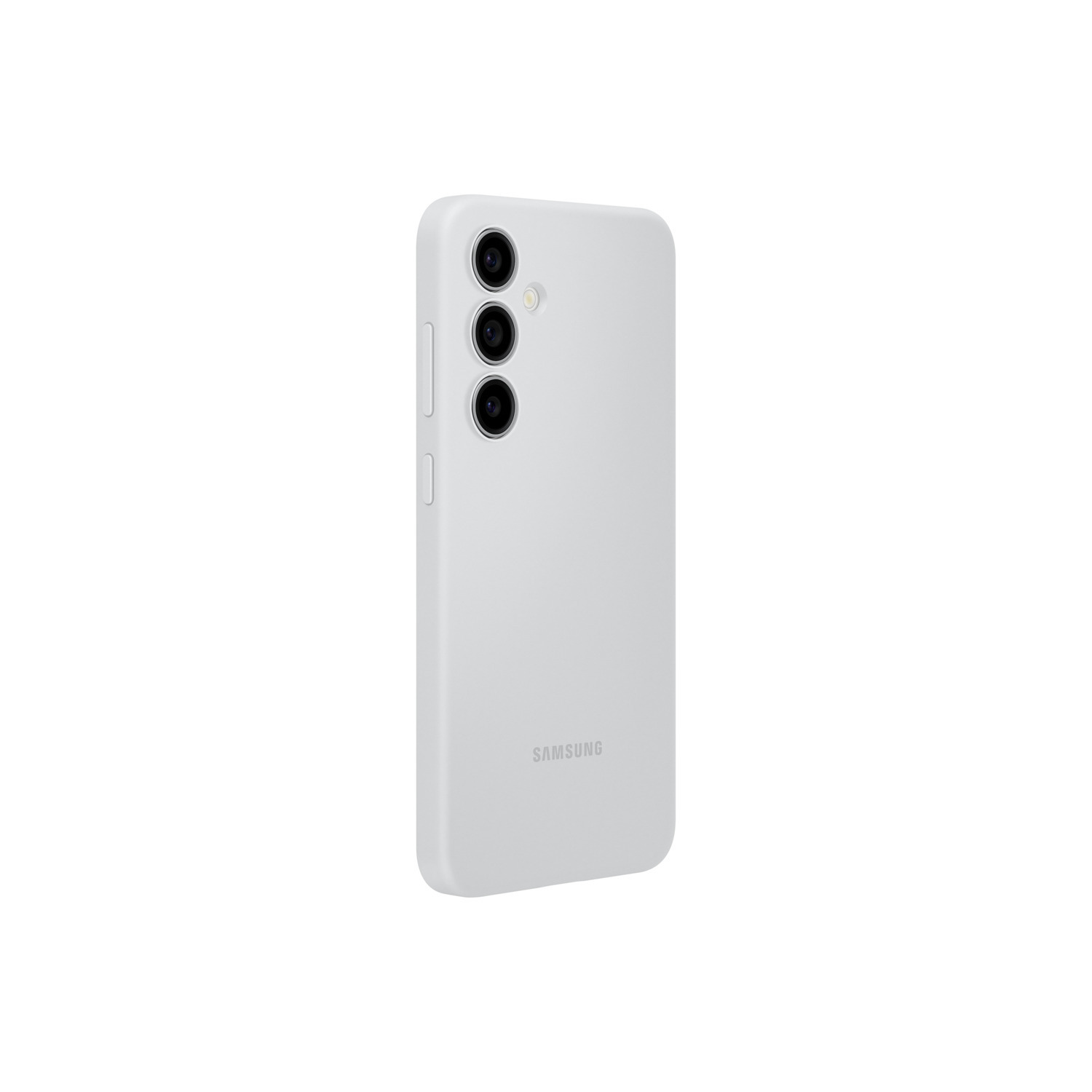 Een witte telefoonhoes met drie cameralenzen en het Samsung-logo.