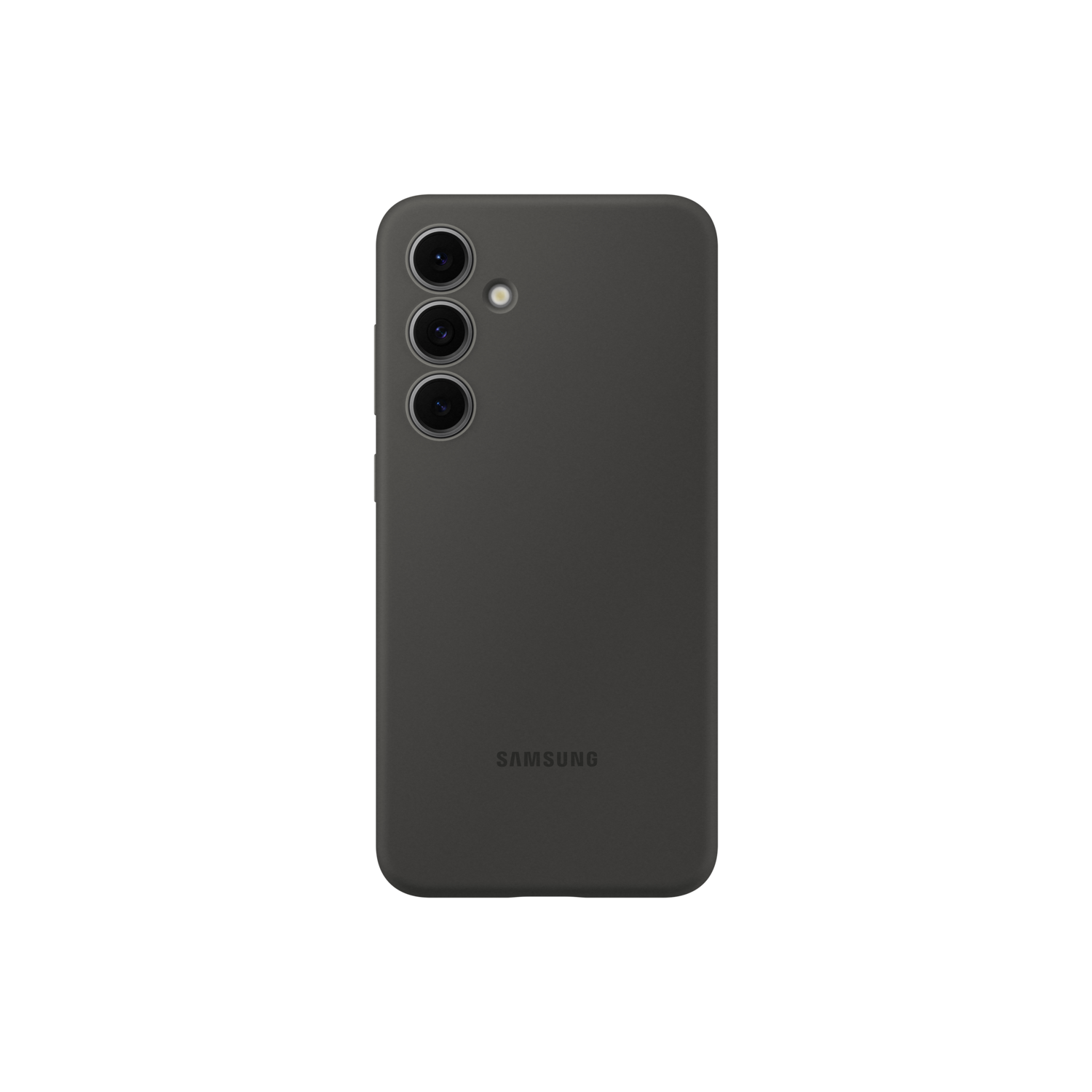 Donkergrijze telefoonhoes met cameralenzen, Samsung-logo en zwarte achtergrond.