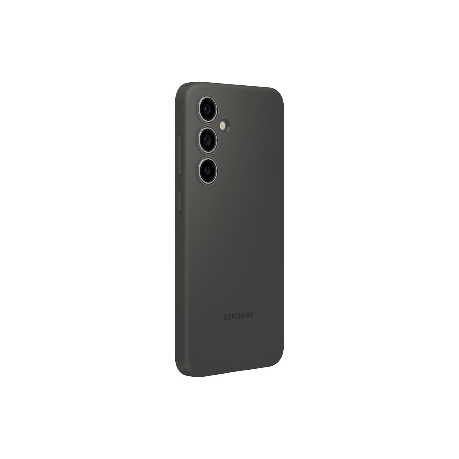 Een donkergrijze telefoonhoes, met de achterkant met camera-uitsparingen en knoppen. Gladde textuur.