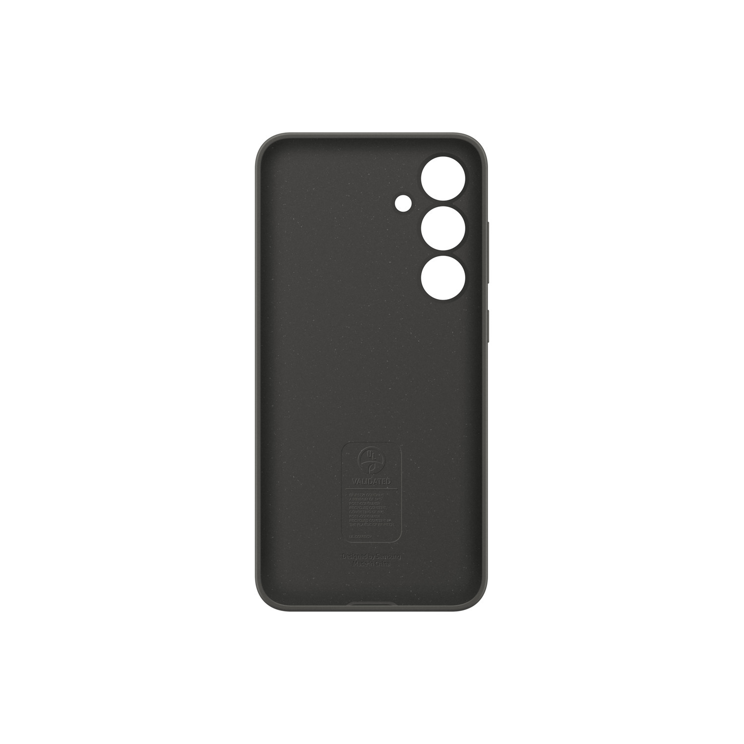 Een zwarte telefoonhoes met drie cameralenzen en een logo. Effen achtergrond.