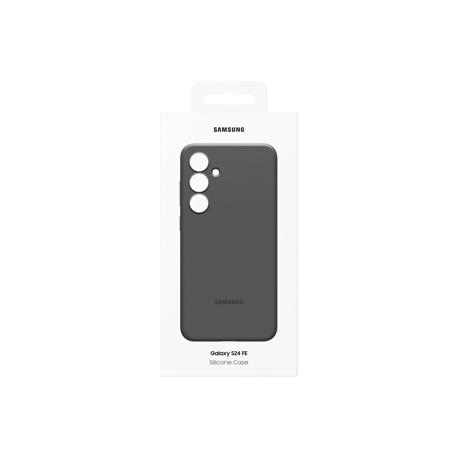 Een grijze Samsung telefoonhoes in een witte doos. De hoes heeft drie cameragaten.
