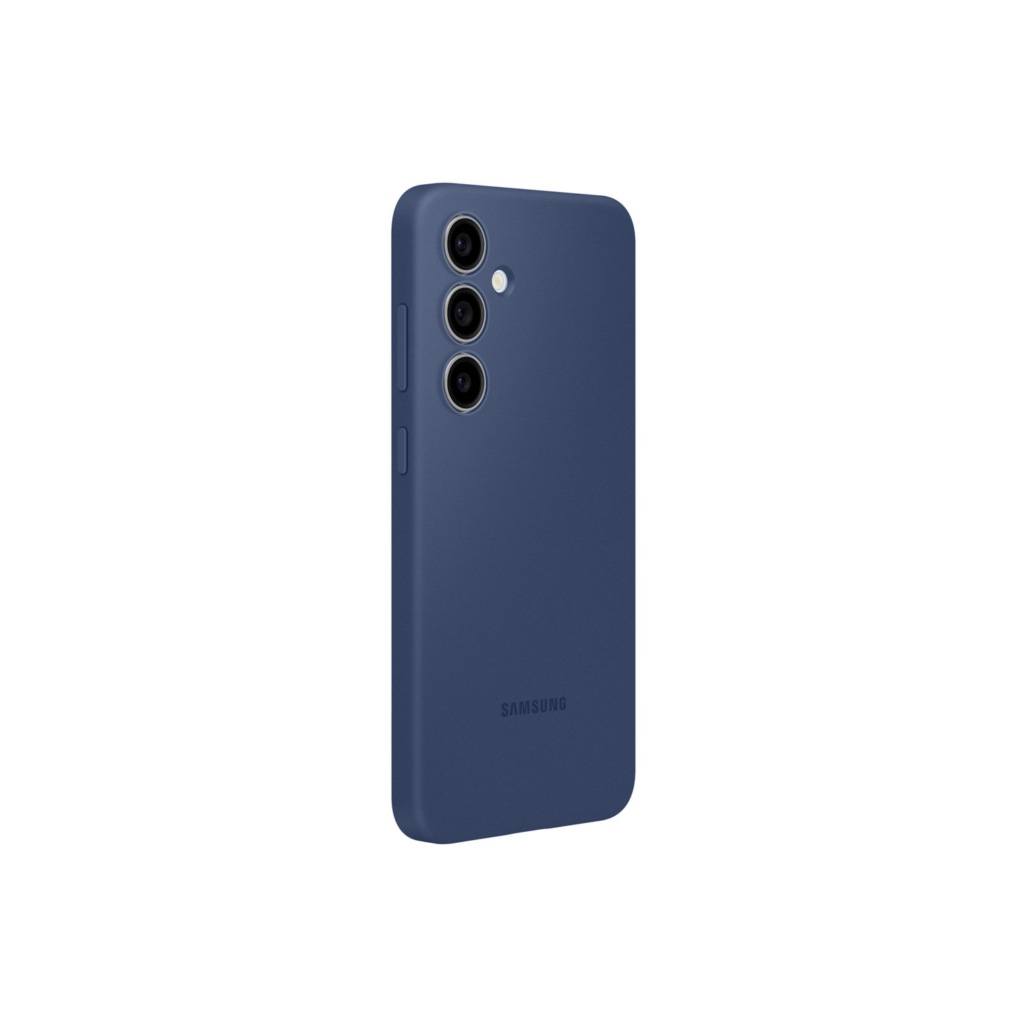 Blauwe telefoonhoes met drie camera-uitsparingen en het woord "SAMSUNG" onderaan.