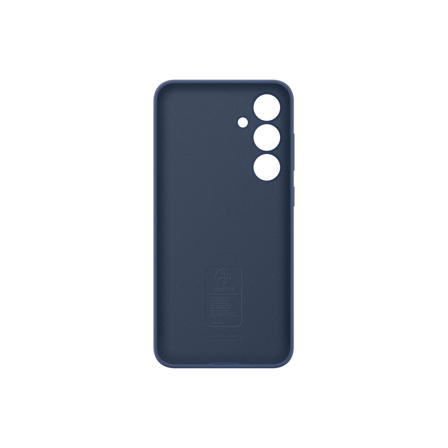 Blauwe telefoonhoes met een logo en camera-uitsparingen. Getextureerd oppervlak.