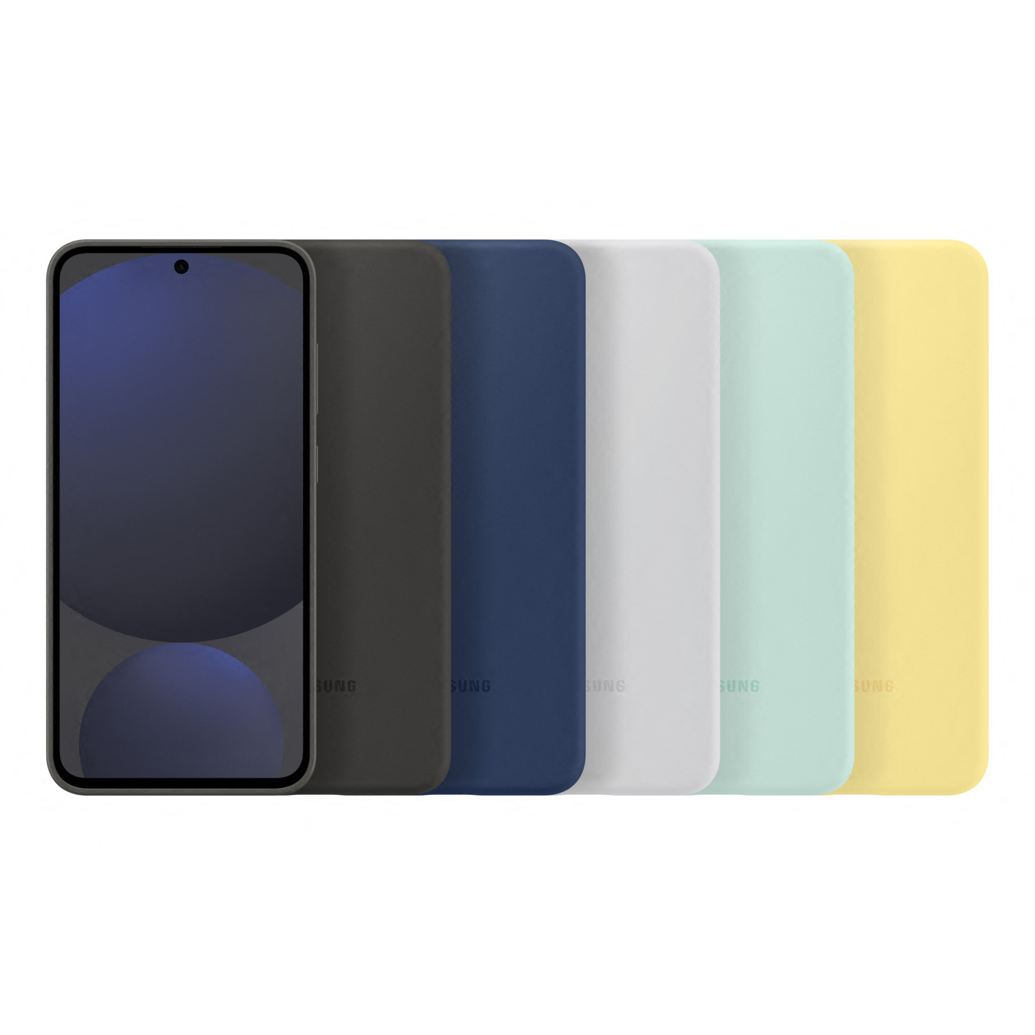 Smartphone en vijf hoesjes in verschillende kleuren: zwart, donkerblauw, wit, mint en geel.
