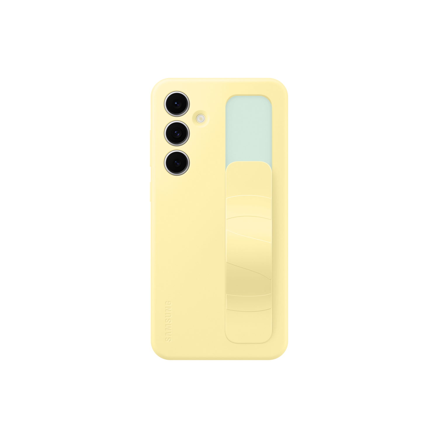 Gele telefoonhoes met drie cameralenzen. De hoes heeft een lichtblauwe grip op de achterkant. Het Samsung-logo is zichtbaar.