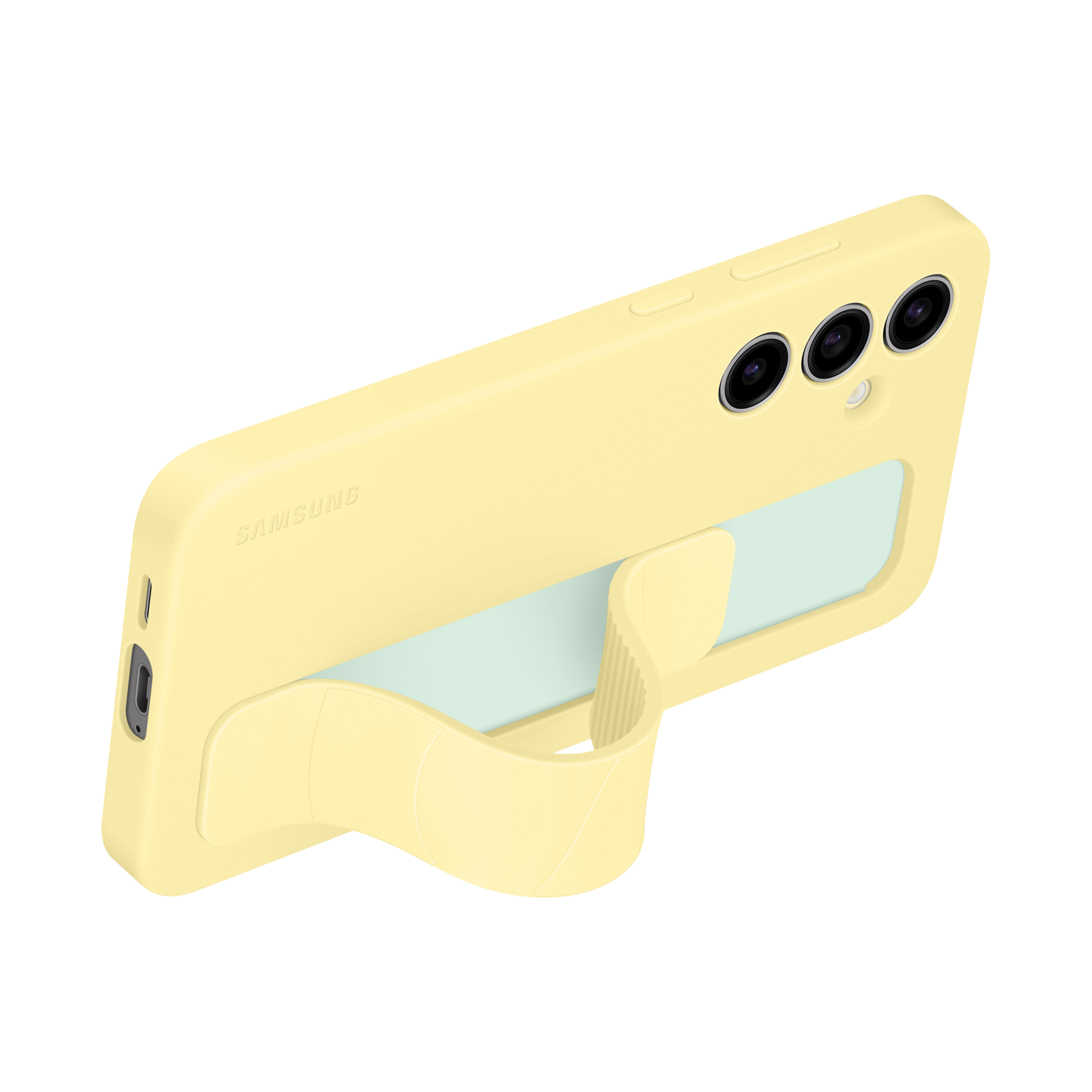 Gele telefoonhoes, met een standaard, schuine weergave op witte achtergrond.