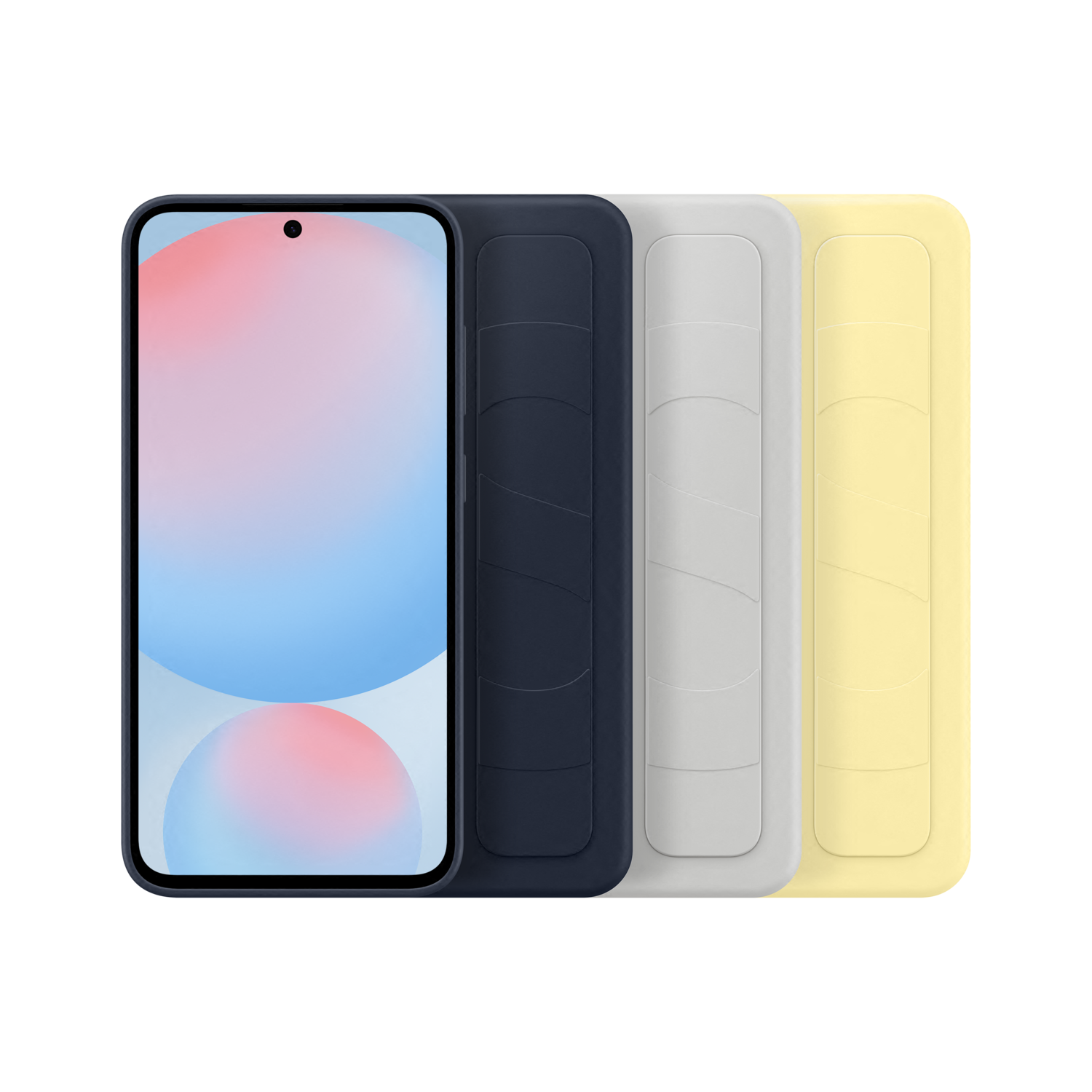 Smartphone met hoes in marineblauw, wit en geel. Scherm toont een afbeelding.