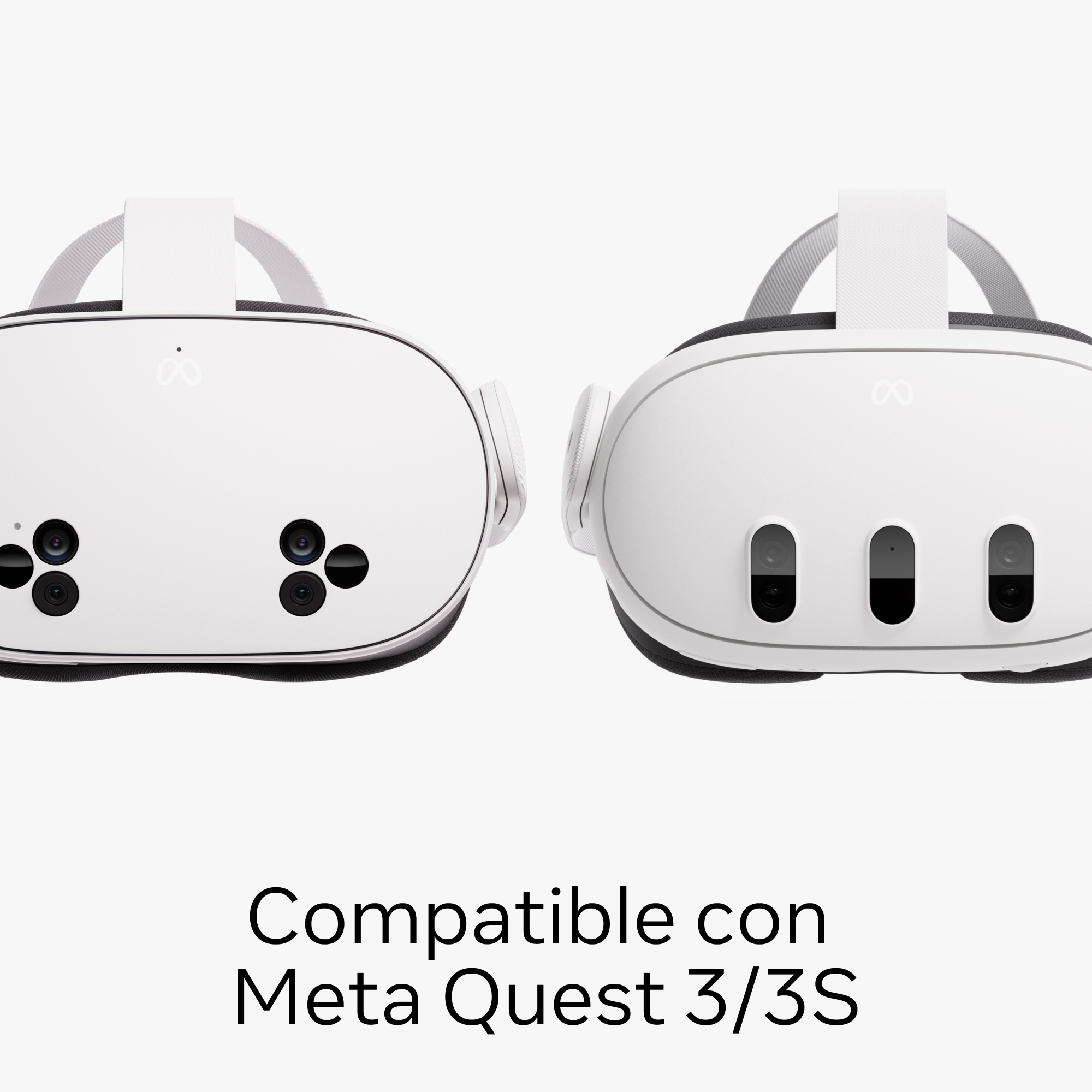 Dos auriculares VR blancos, vista frontal. Texto: Compatible con Meta Quest 3/3S.