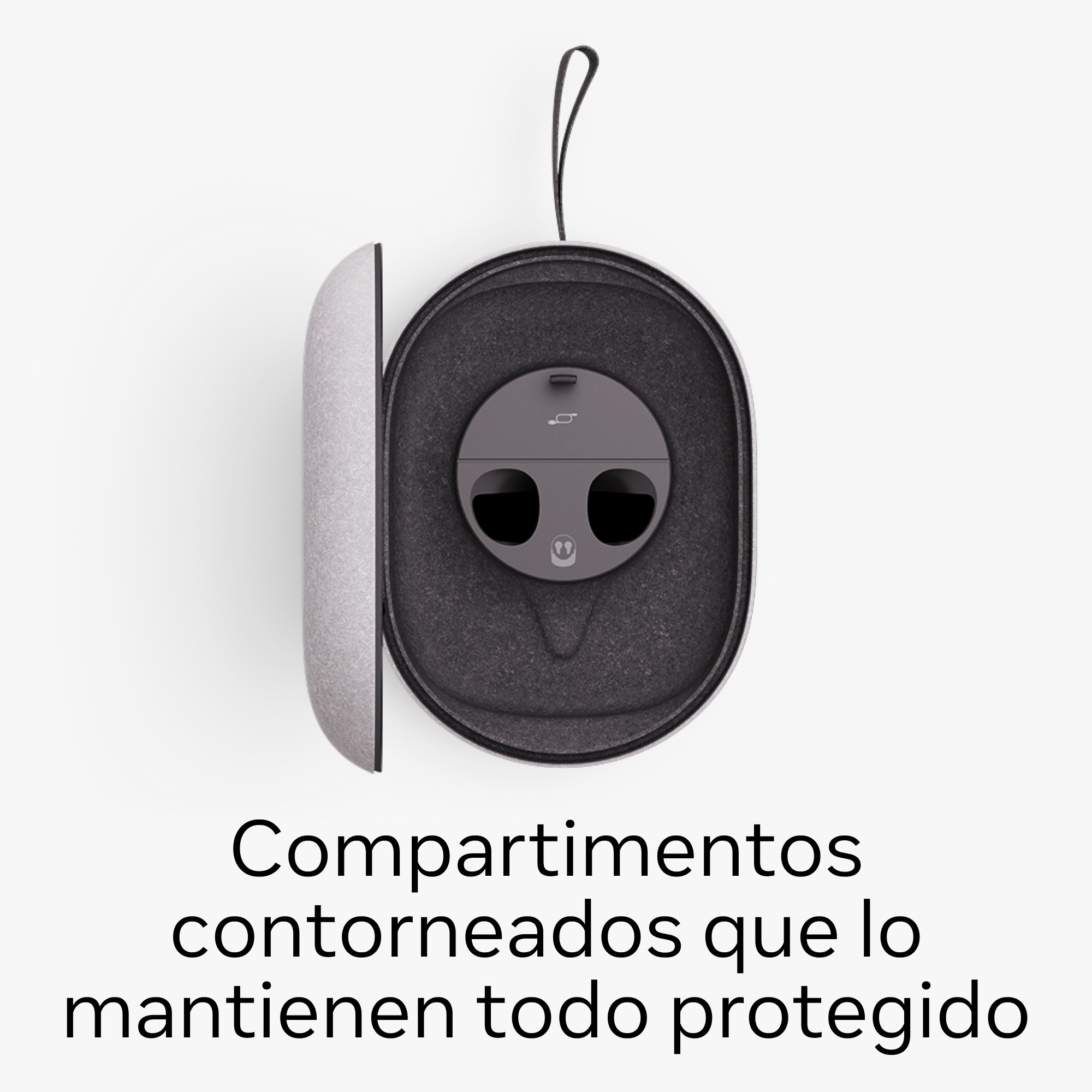 Auriculares en un estuche. El estuche está abierto, mostrando los auriculares.